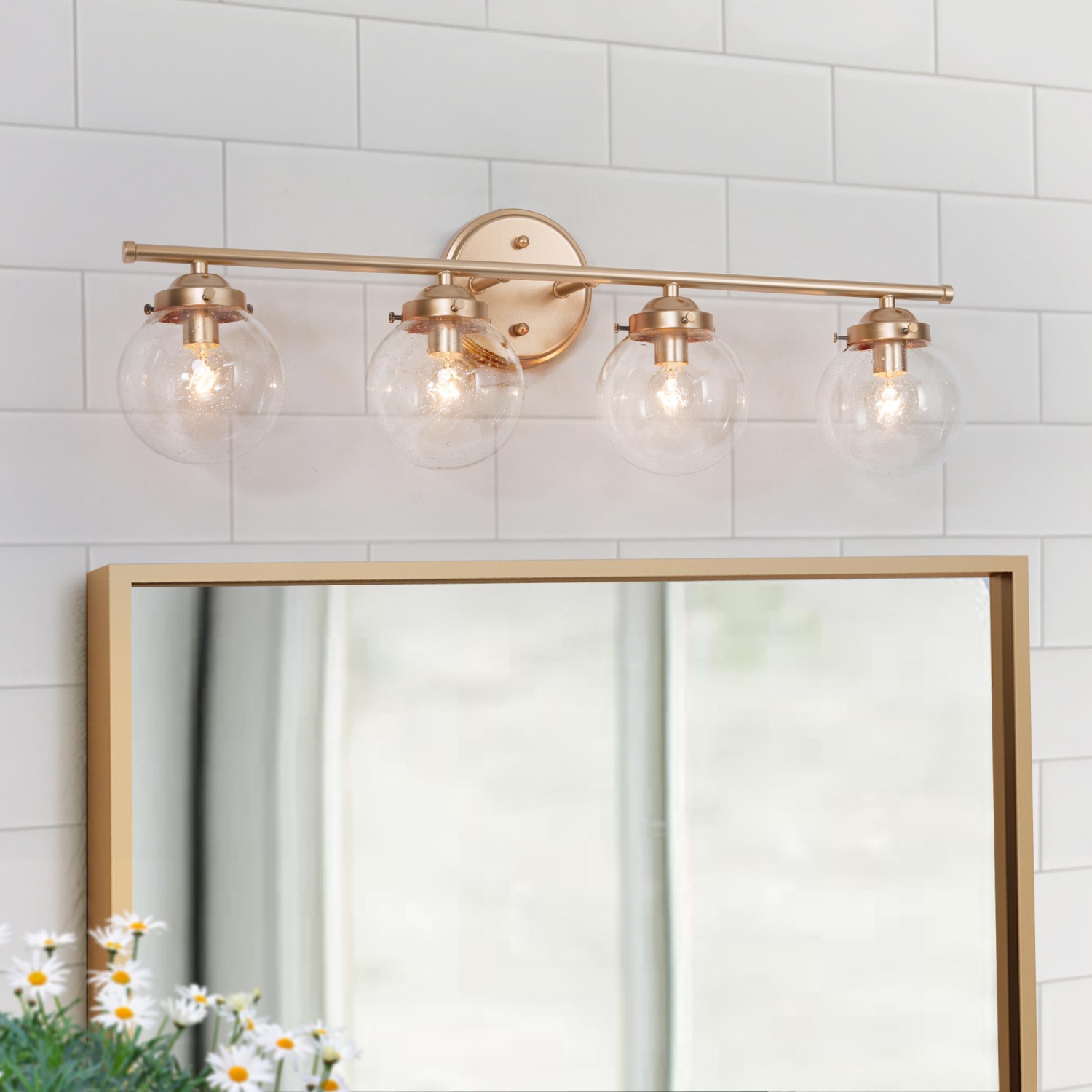 4-Light Gold Linear Globe Glass Vanity Light