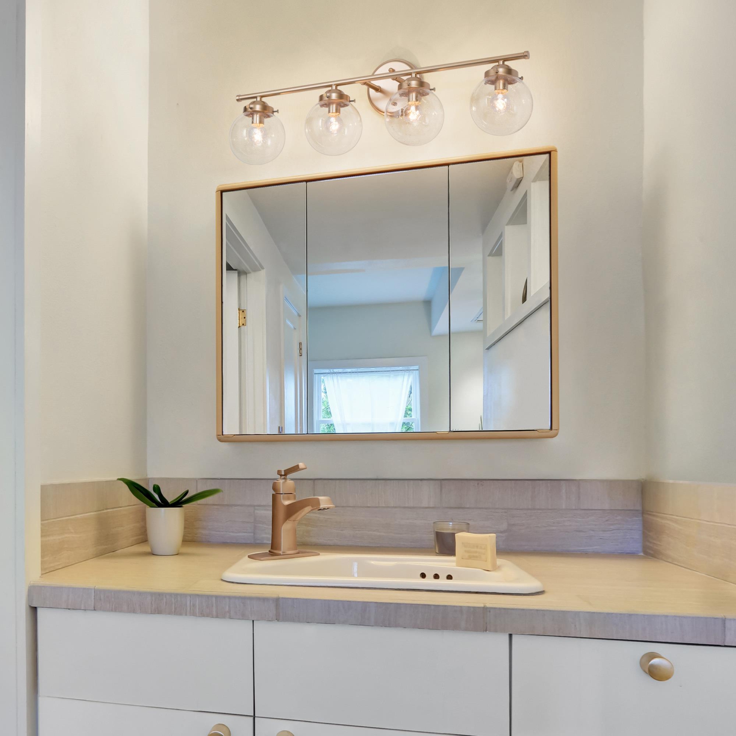 4-Light Gold Linear Globe Glass Vanity Light