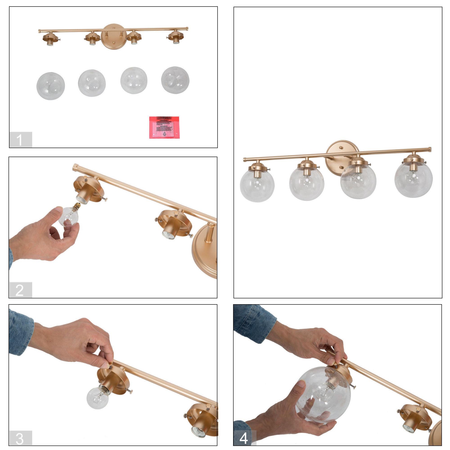 4-Light Gold Linear Globe Glass Vanity Light