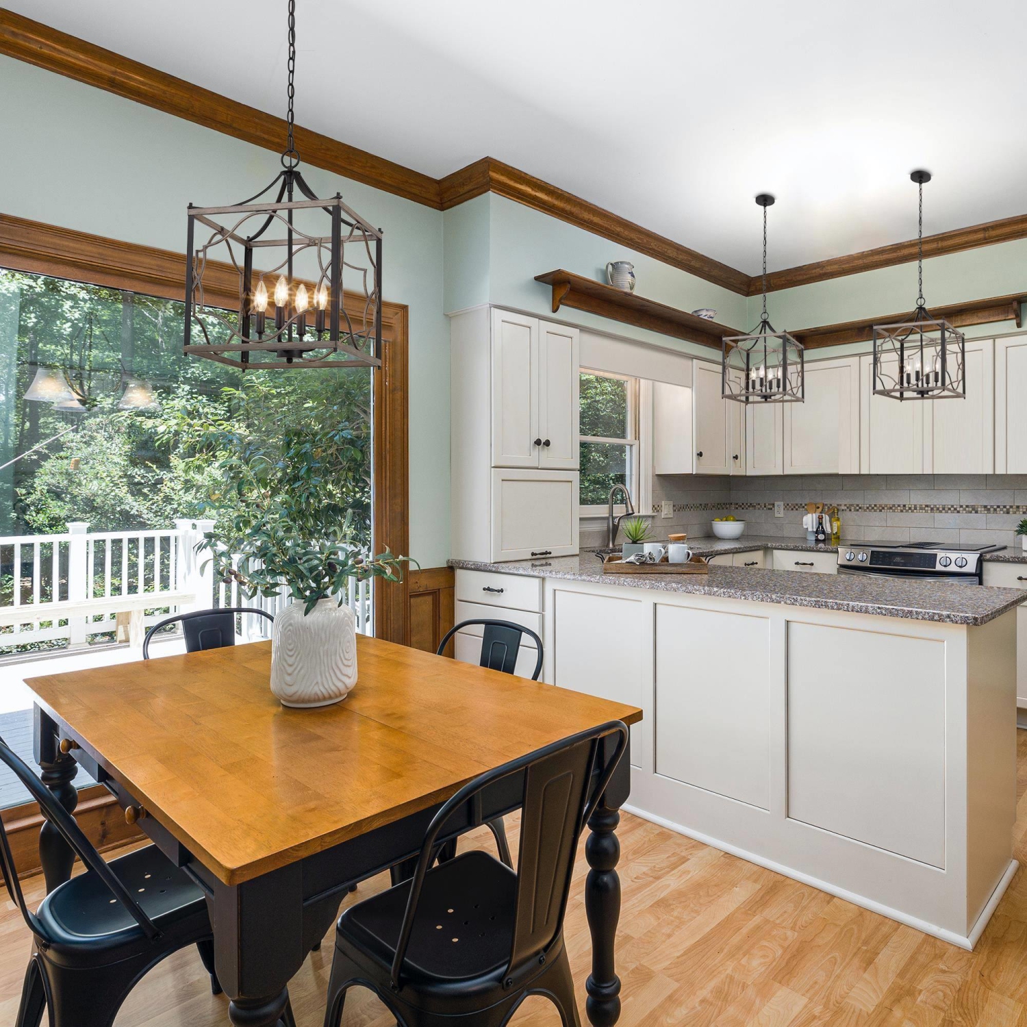 4-Light Wood Square Cage Chandelier for Kitchen Island