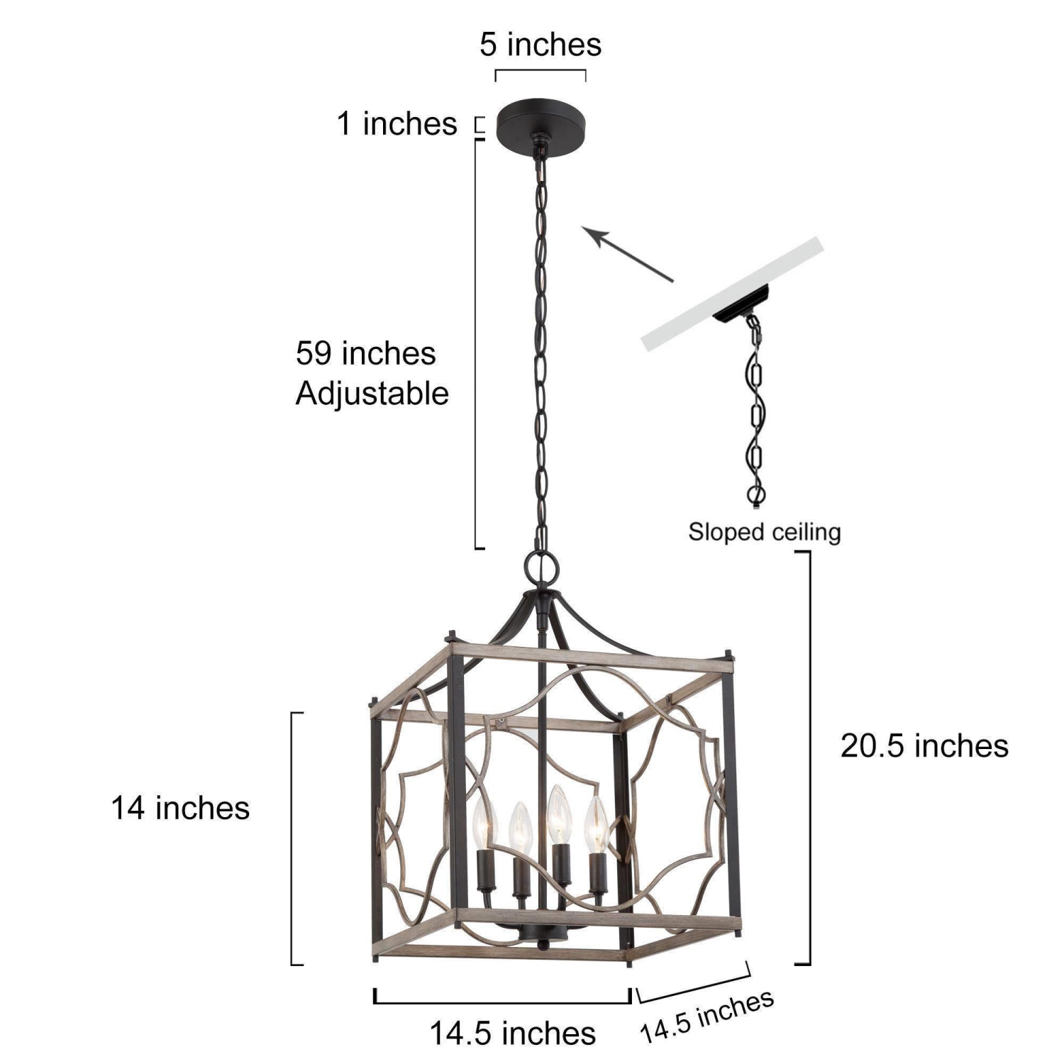 4-Light Wood Square Cage Chandelier for Kitchen Island