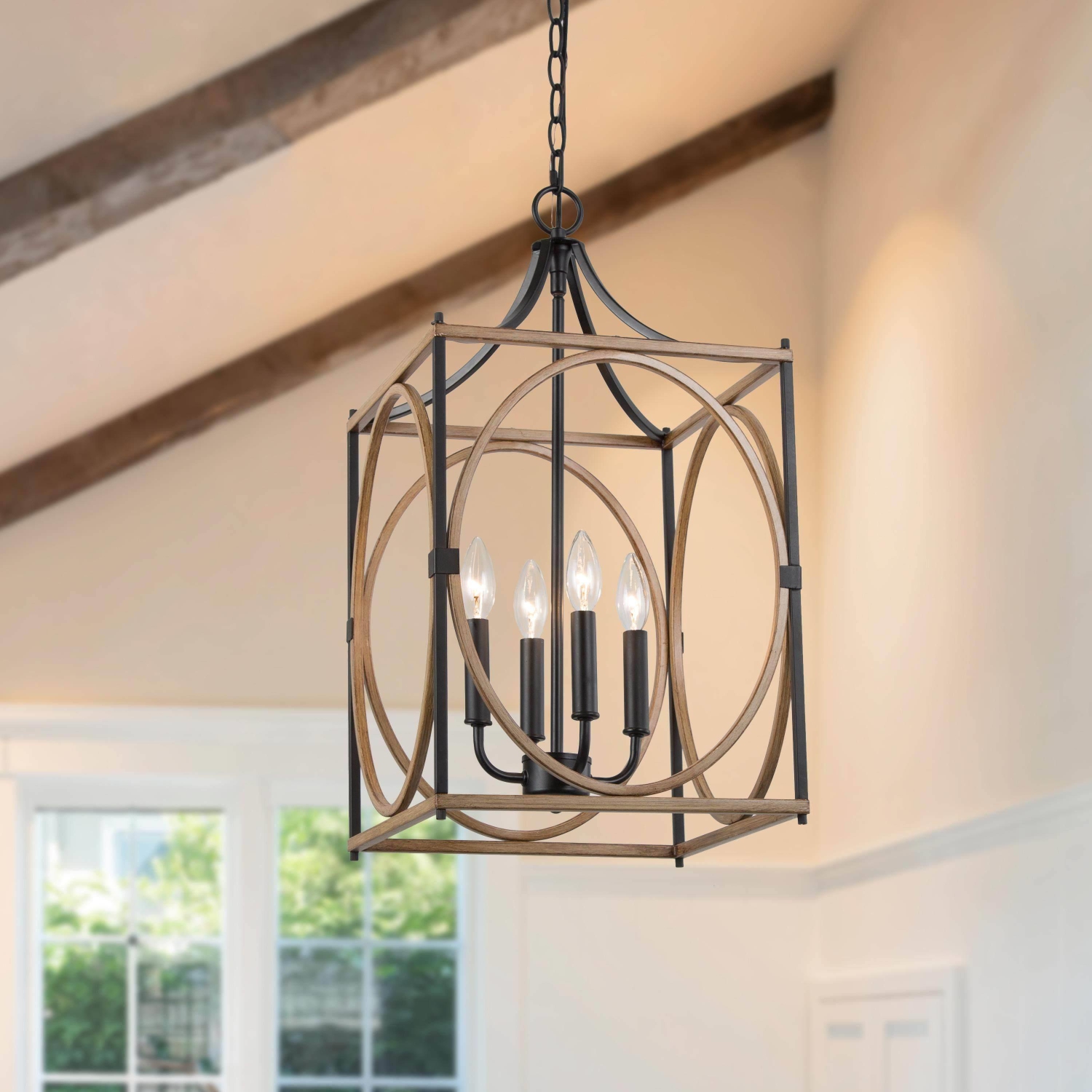 Chandelier à 4 lumières en forme de lanterne et de cage en bois