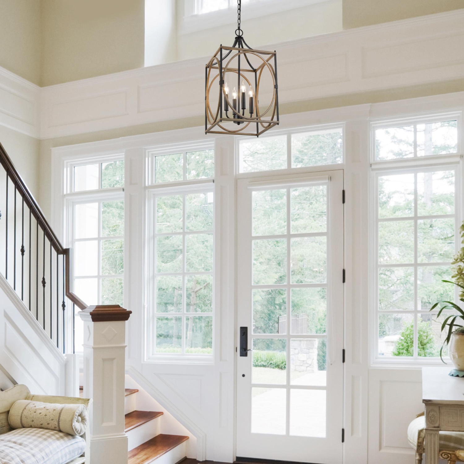 Chandelier à 4 lumières en forme de lanterne et de cage en bois