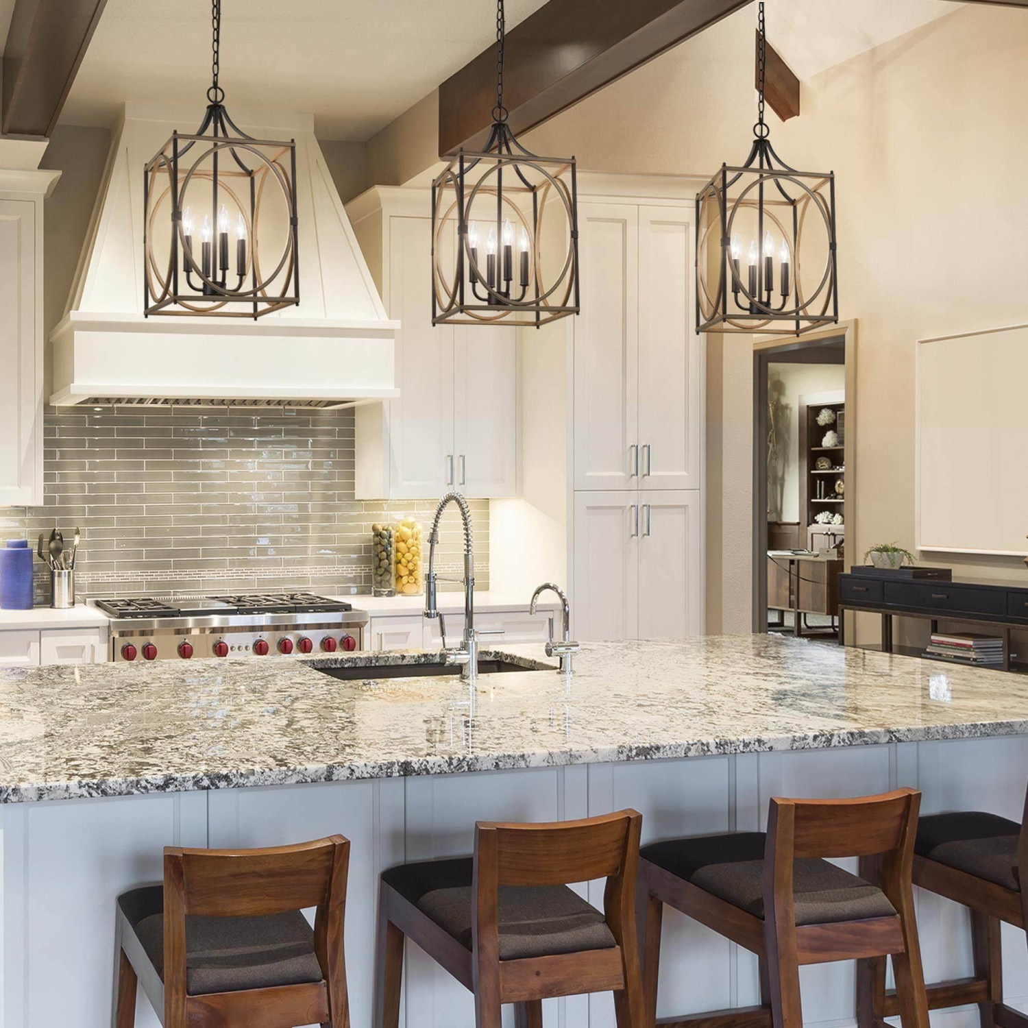 Chandelier à 4 lumières en forme de lanterne et de cage en bois