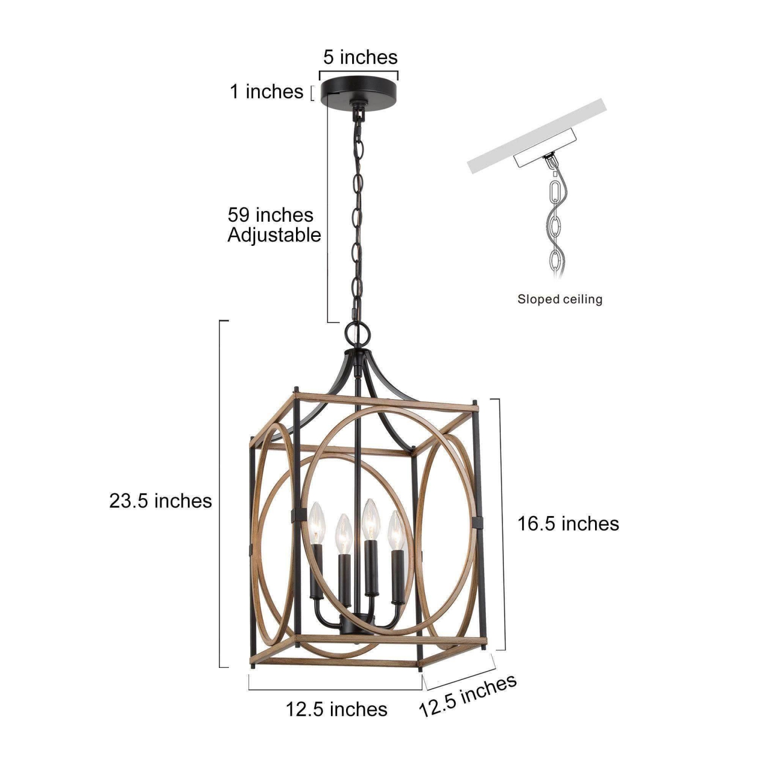 Chandelier à 4 lumières en forme de lanterne et de cage en bois