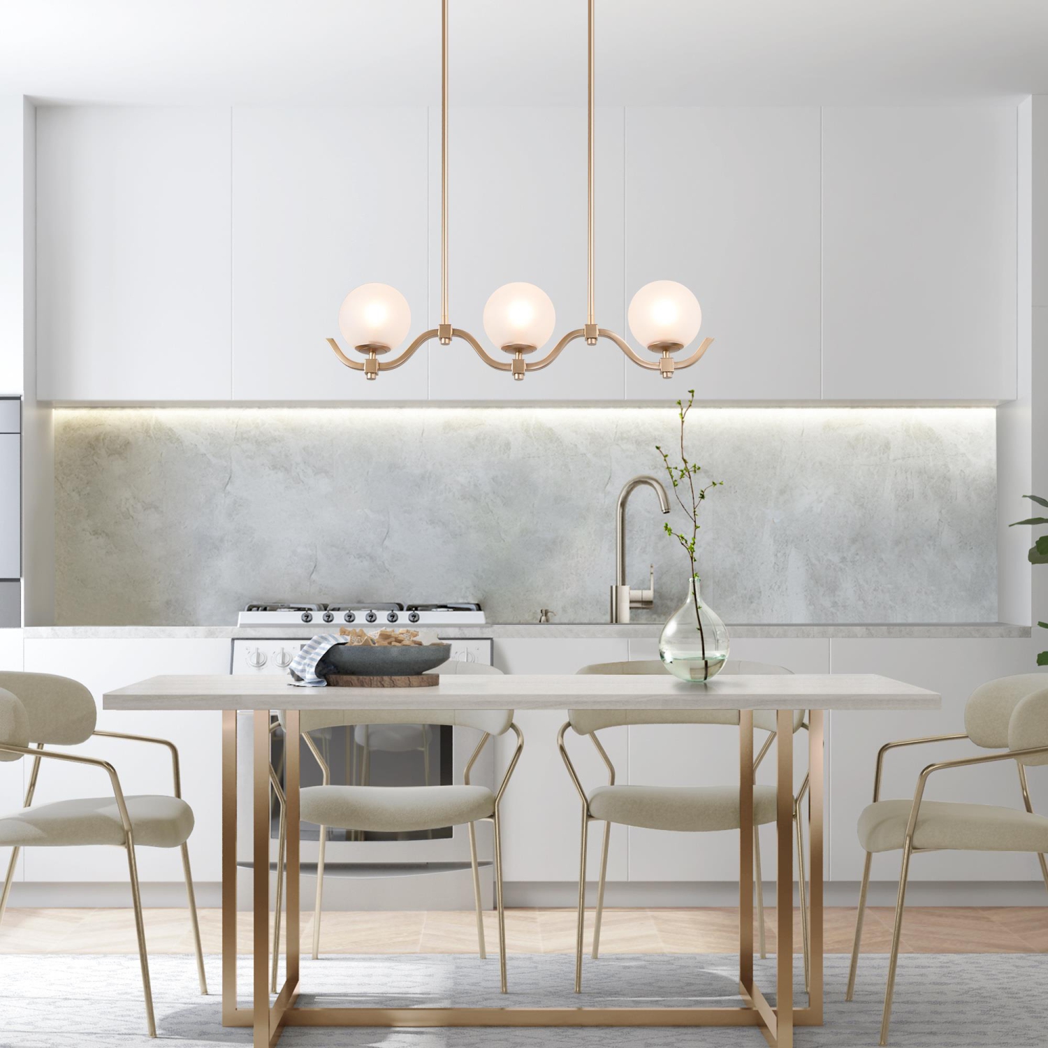 3-Light 30" Linear Frosted Glass Gold Chandelier