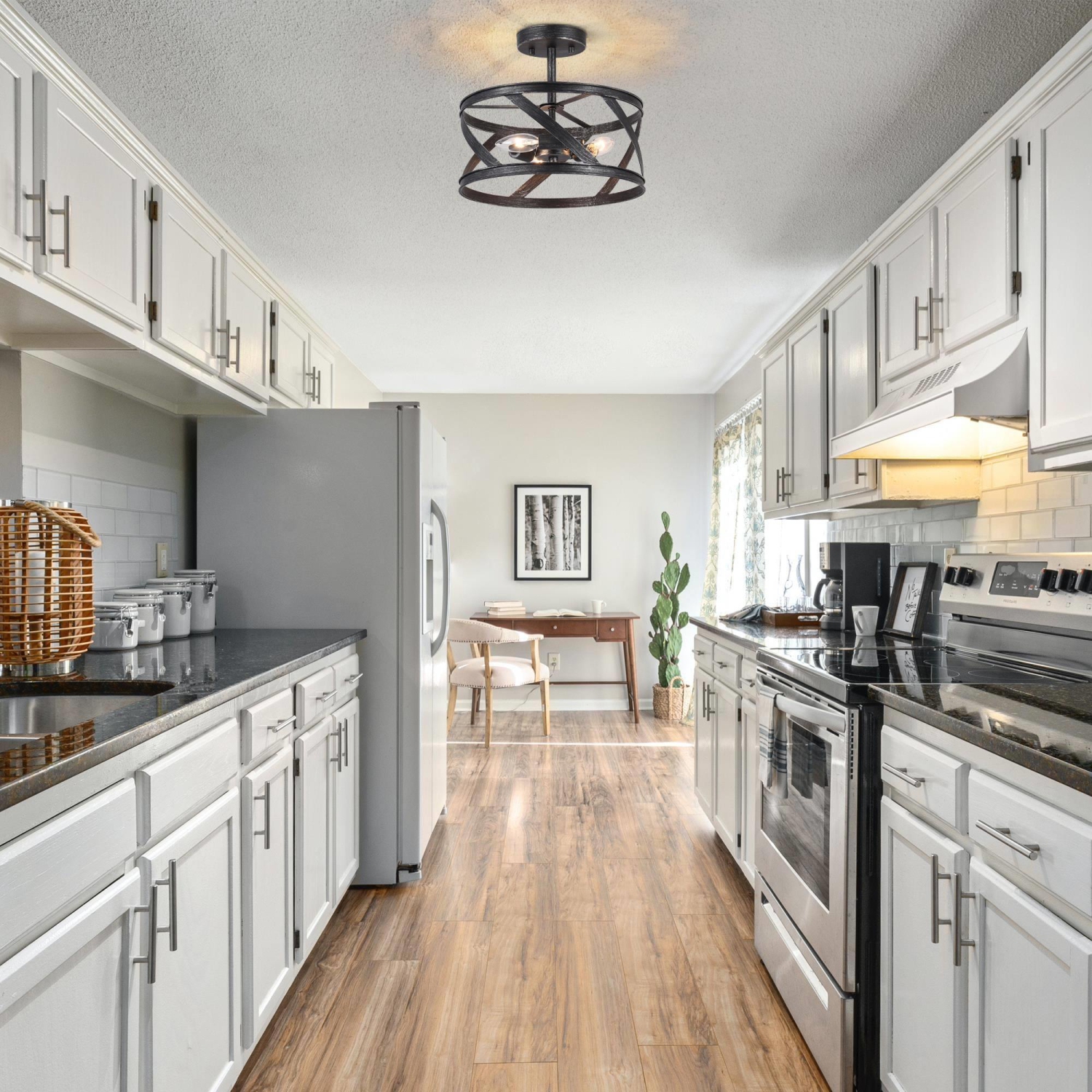 Modern 3-Light Drum Speckled Black Semi Flush Mount