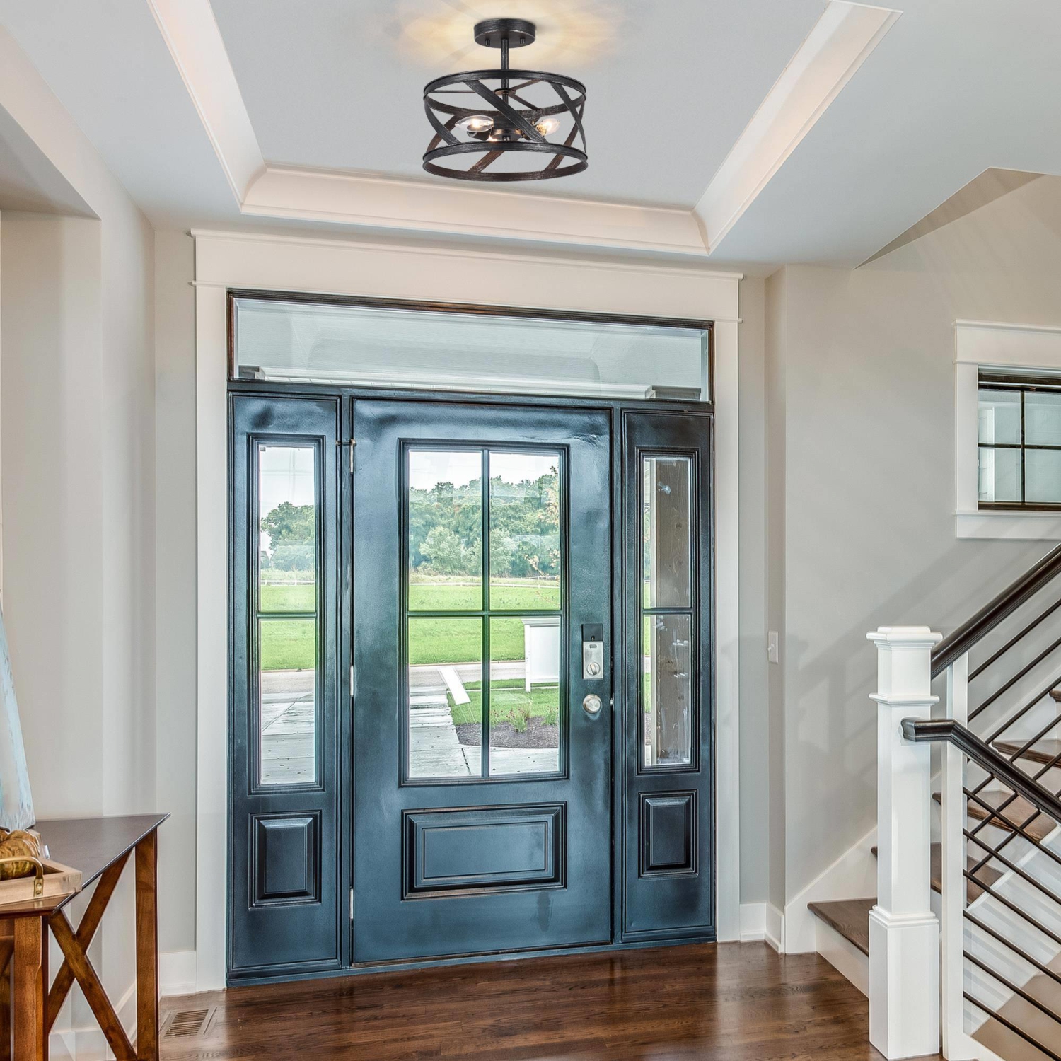 Modern 3-Light Drum Speckled Black Semi Flush Mount