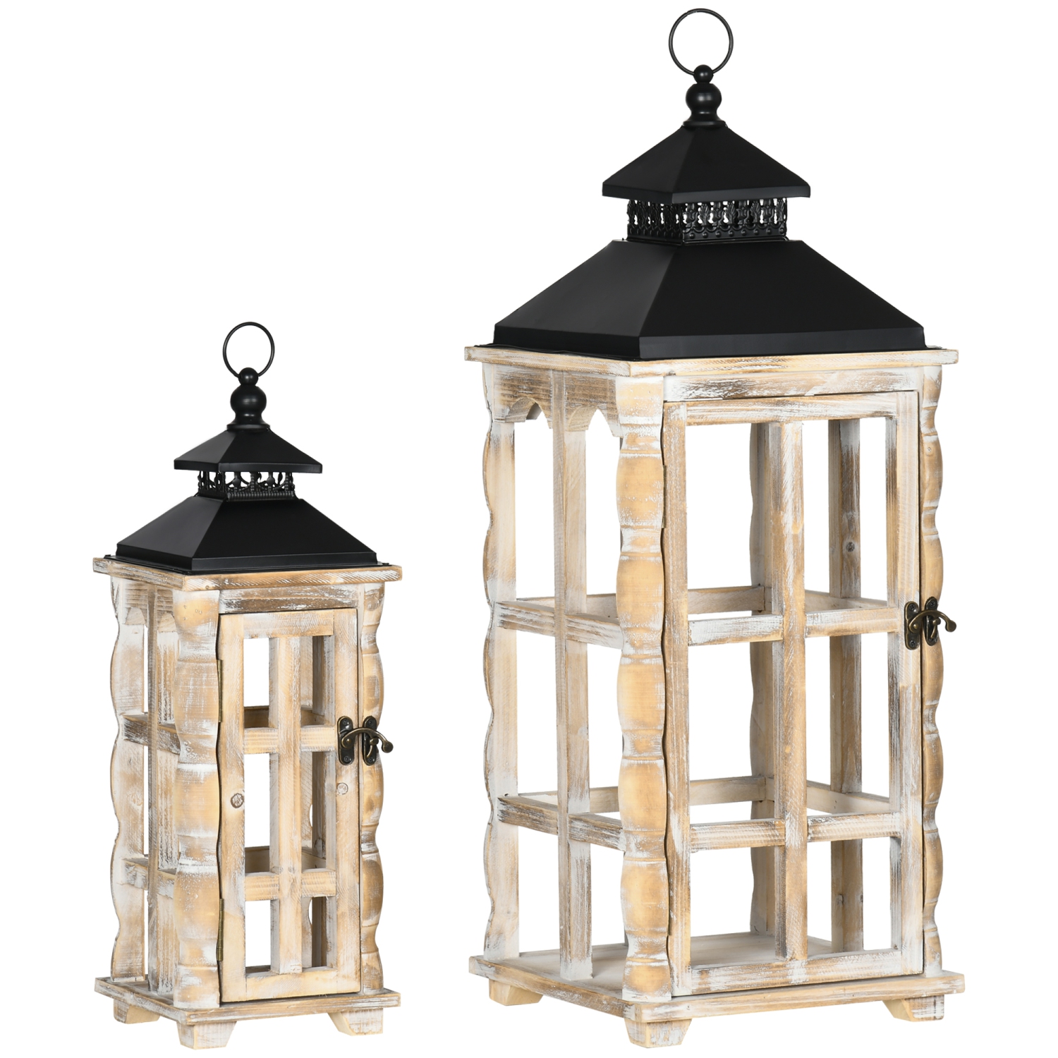 HOMCOM 2 Pack 30"/21" Large Fine Woodworking Decorative Lantern, Metal Hanging Wooden Indoor Covered Outdoor Lantern for Home Décor (No Glass), Black and Natural Wood Faded Colour