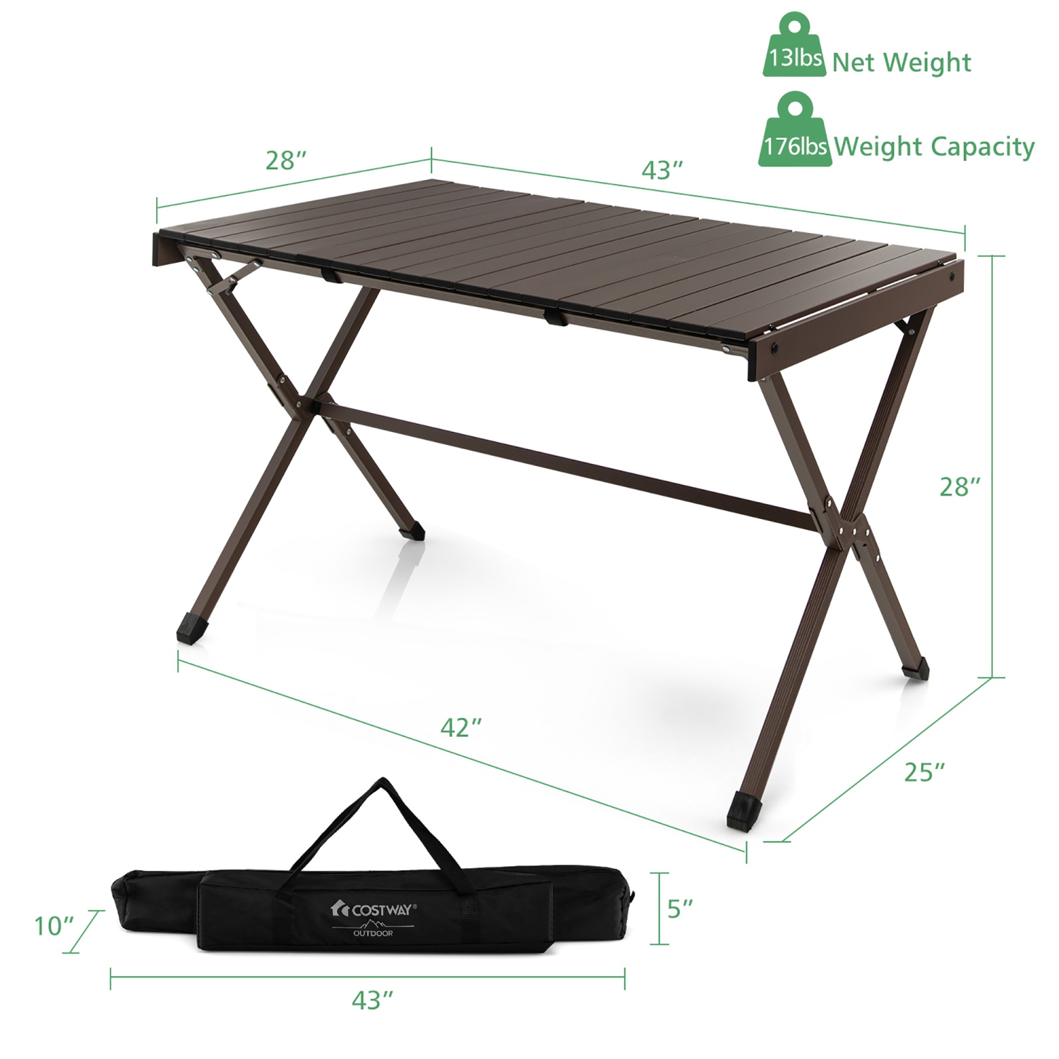 Costway 4-6 Person Portable Aluminum Camping Table Lightweight Roll Up Table Grey/Brown