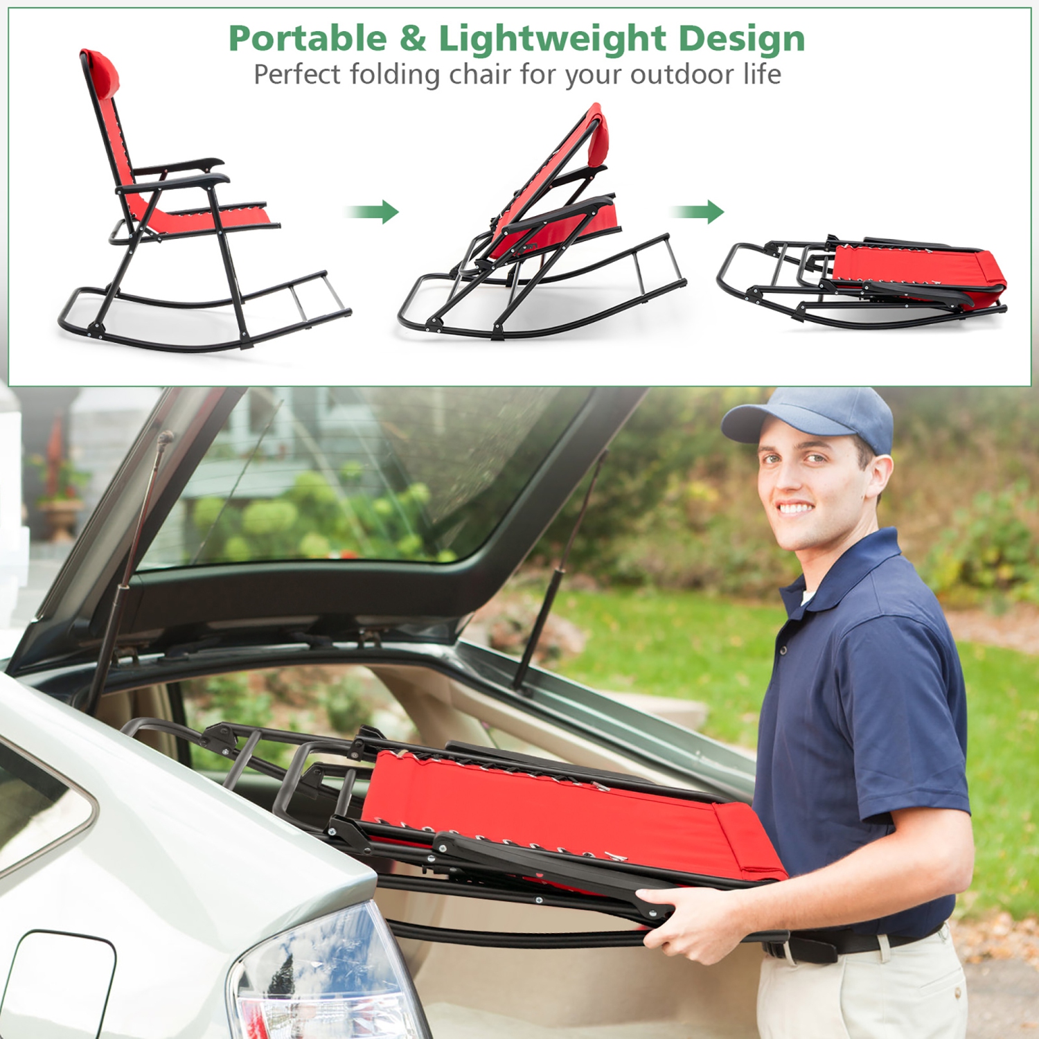 Costway Patio Camping Rocking Chair Folding Rocker Footrest Lightweight Outdoor