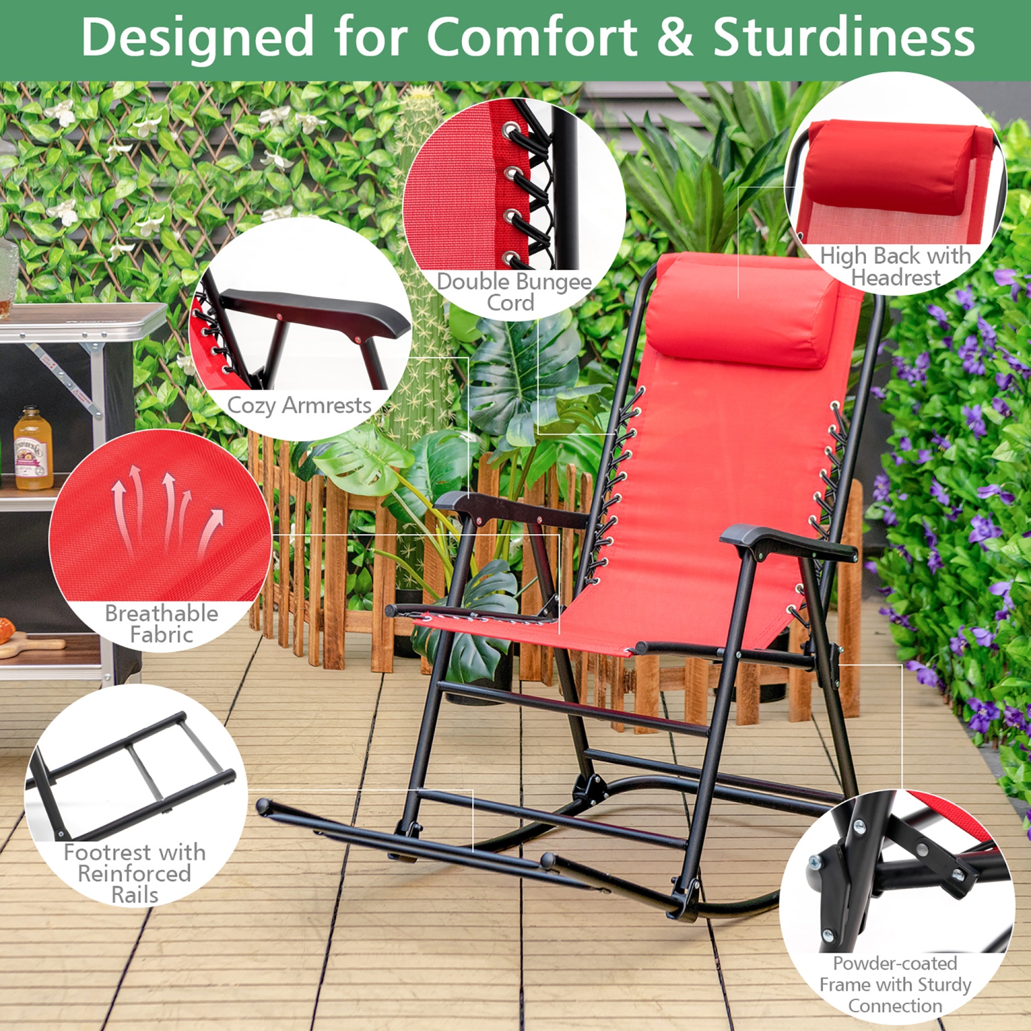 Costway Patio Camping Rocking Chair Folding Rocker Footrest Lightweight Outdoor