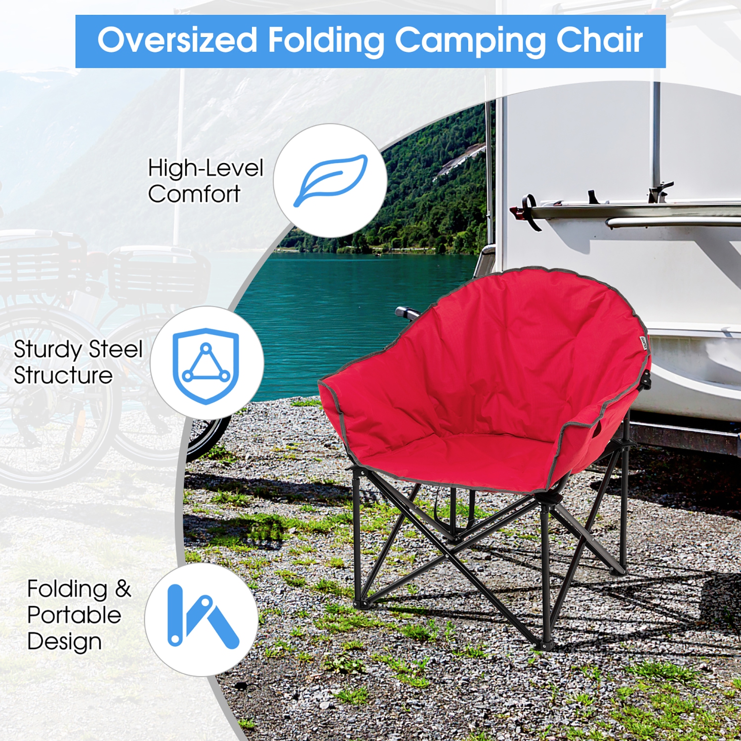 Costway Folding Camping Moon Padded Chair with Carry Bag Cup Holder Portable