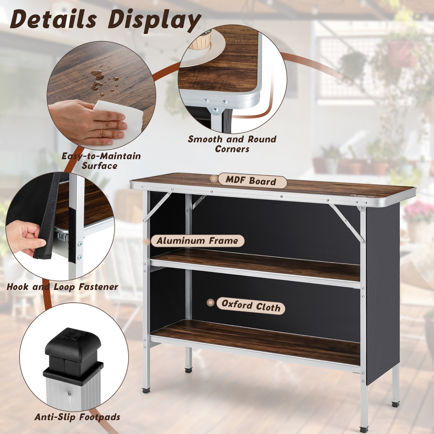 Table de camping pliante en aluminium portable Costway, table de pique-nique avec étagères à café à 2 niveaux