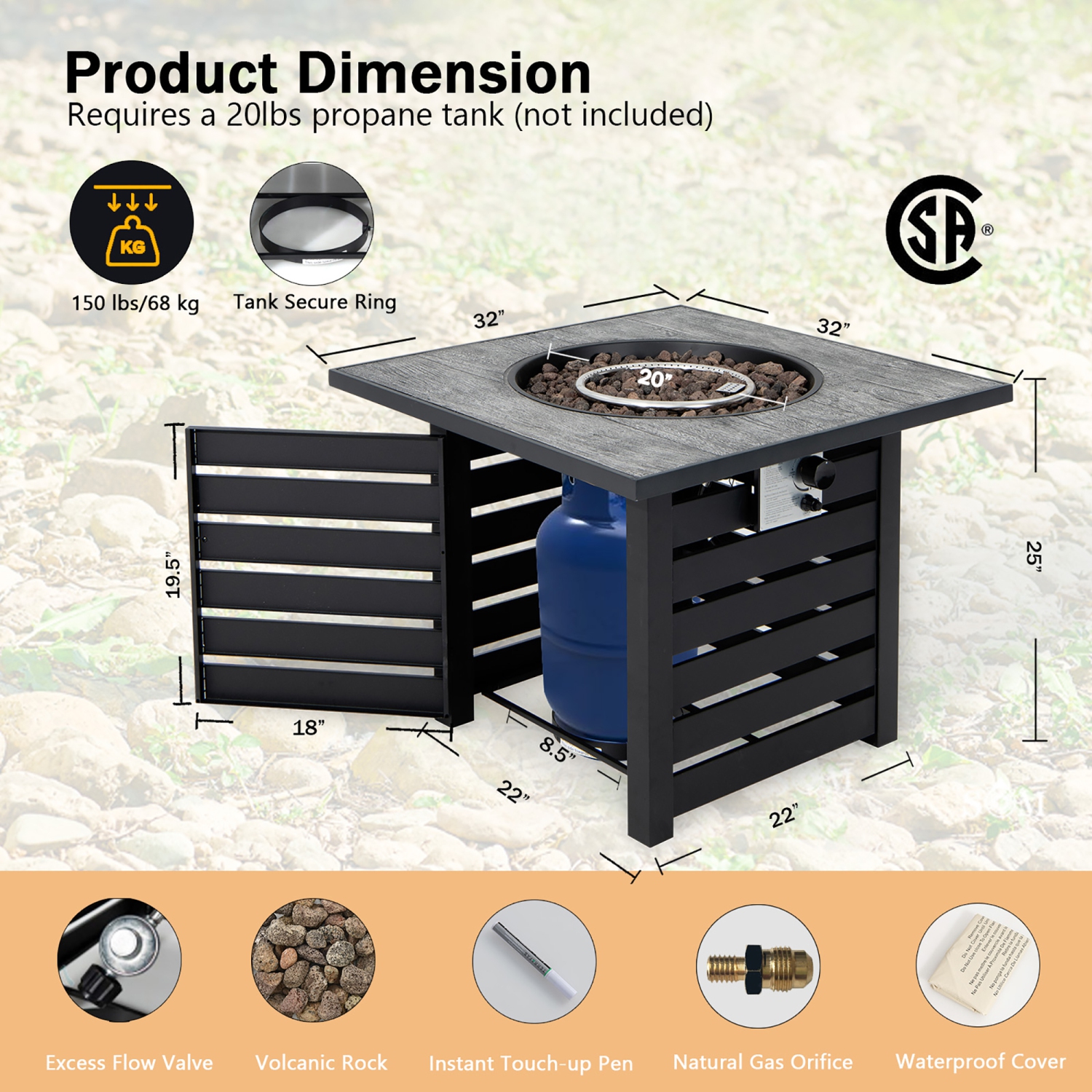 Costway 32" Square Propane Fire Pit Table for Patio w/Lava Rocks Rain Cover 50,000 BTU