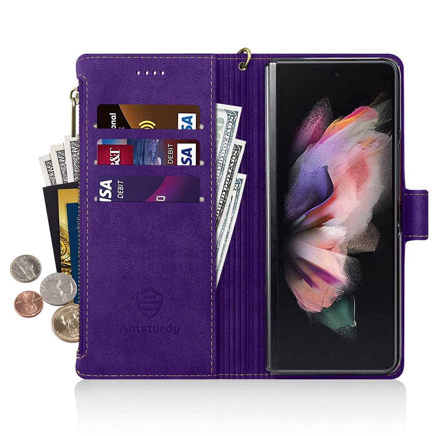 Antsturdy for Samsung Galaxy Z Fold 3 5G Wallet Case with S Pen Holder,PU Leather Folio Flip Protective Cover Slot Wrist Str