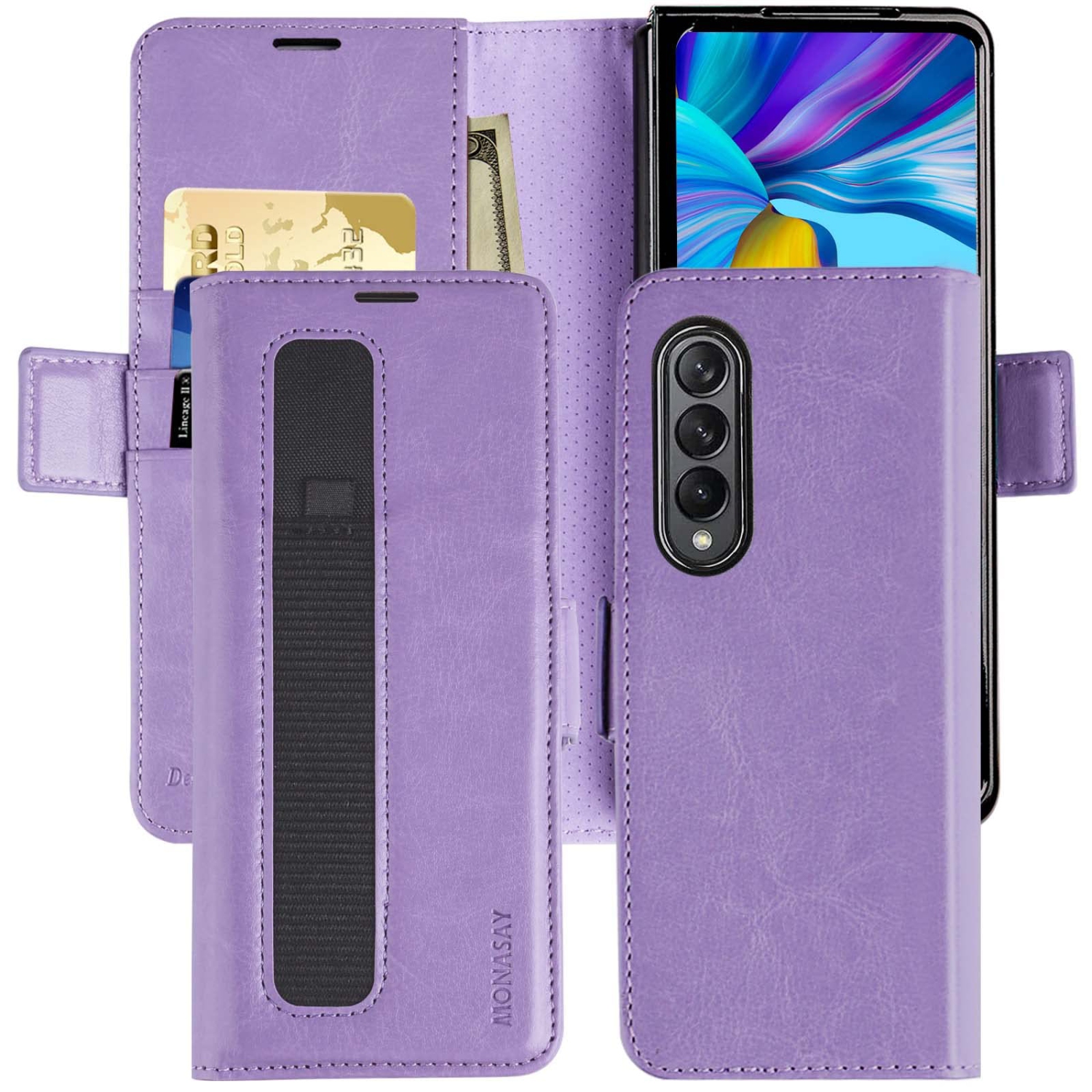MONASAY Galaxy Z Fold 3 5G Wallet Case with S Pen Holder, Flip Folio Leather Cell Phone Cover with RFID Blocking Credit Card