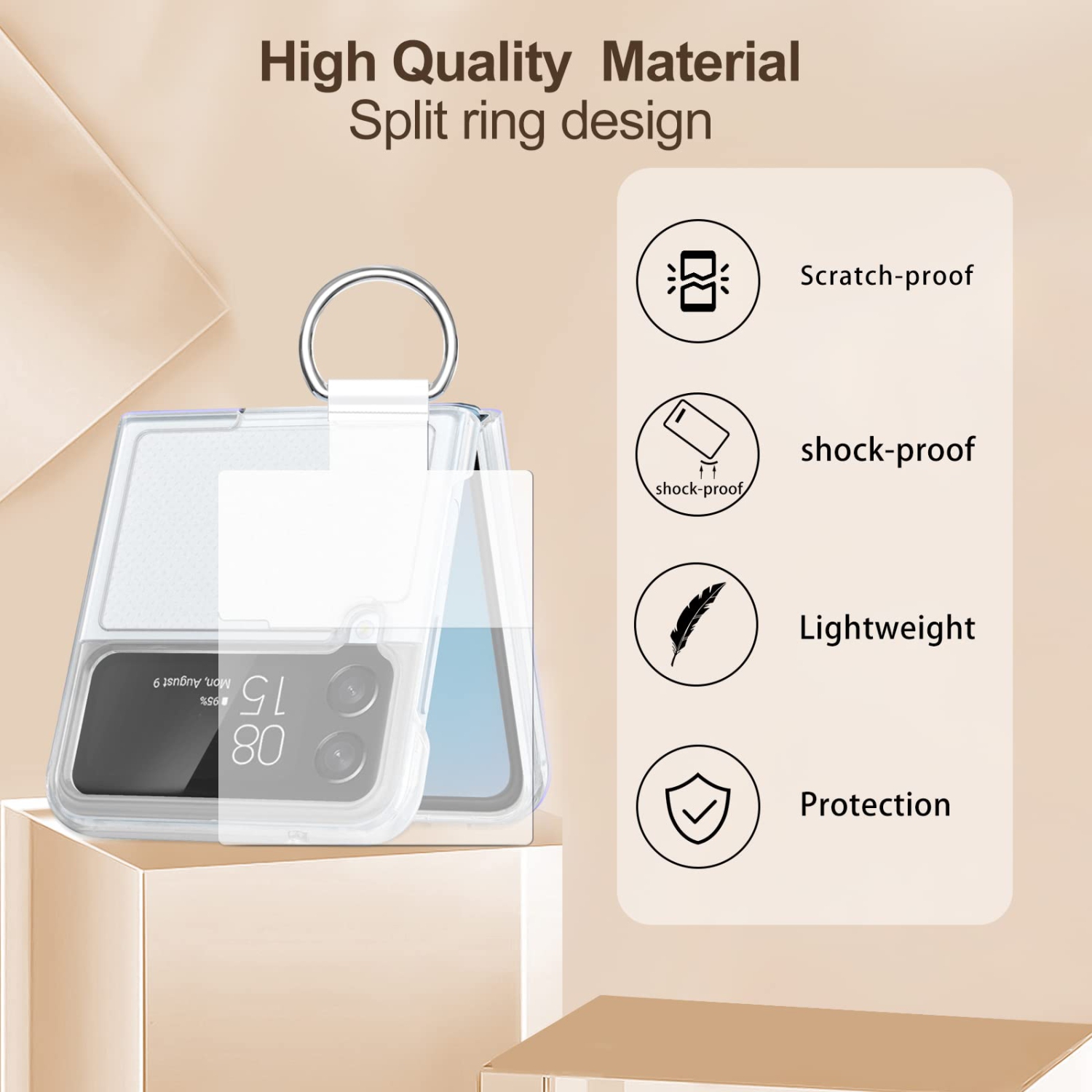 Qoosea pour Galaxy Z Flip 4 de Samsung Étui transparent avec anneau mince transparent Crystal transparent antirayure légères Full P