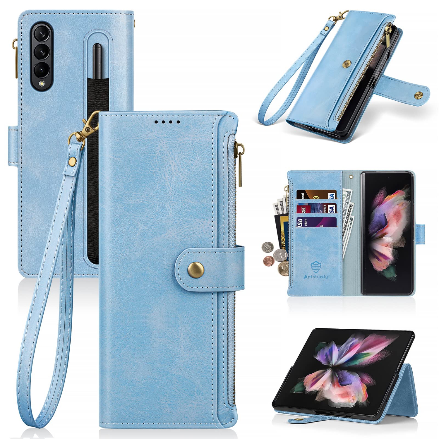 Antsturdy for Samsung Galaxy Z Fold 3 5G Wallet Case with S Pen Holder,PU Leather Folio Flip Protective Cover with Wrist Str