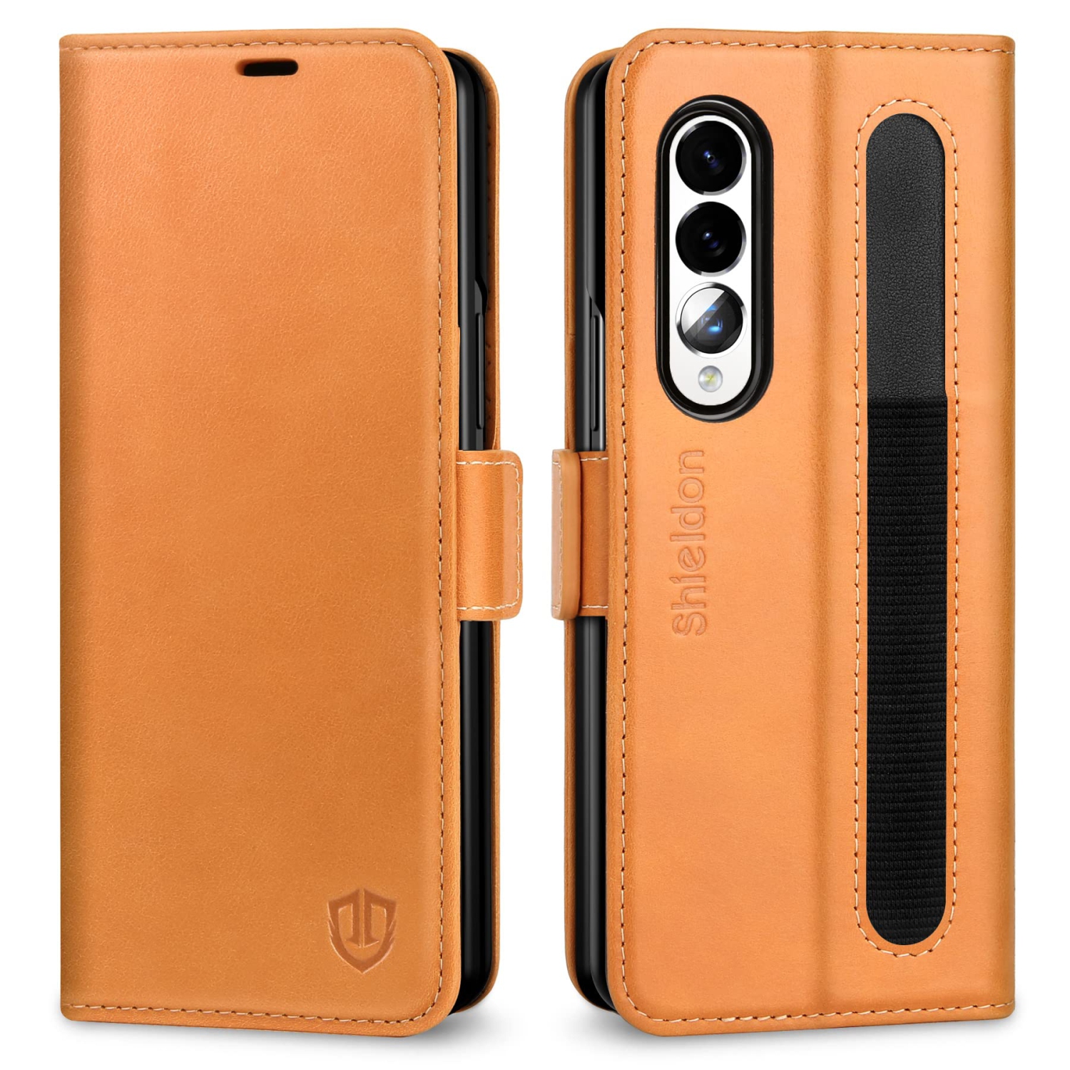 SHIELDON Galaxy Z Fold 3 Case, Galaxy Z Fold 3 Wallet Case, Genuine Leather Flip Magnetic Book Design with S Pen Holder, Cre