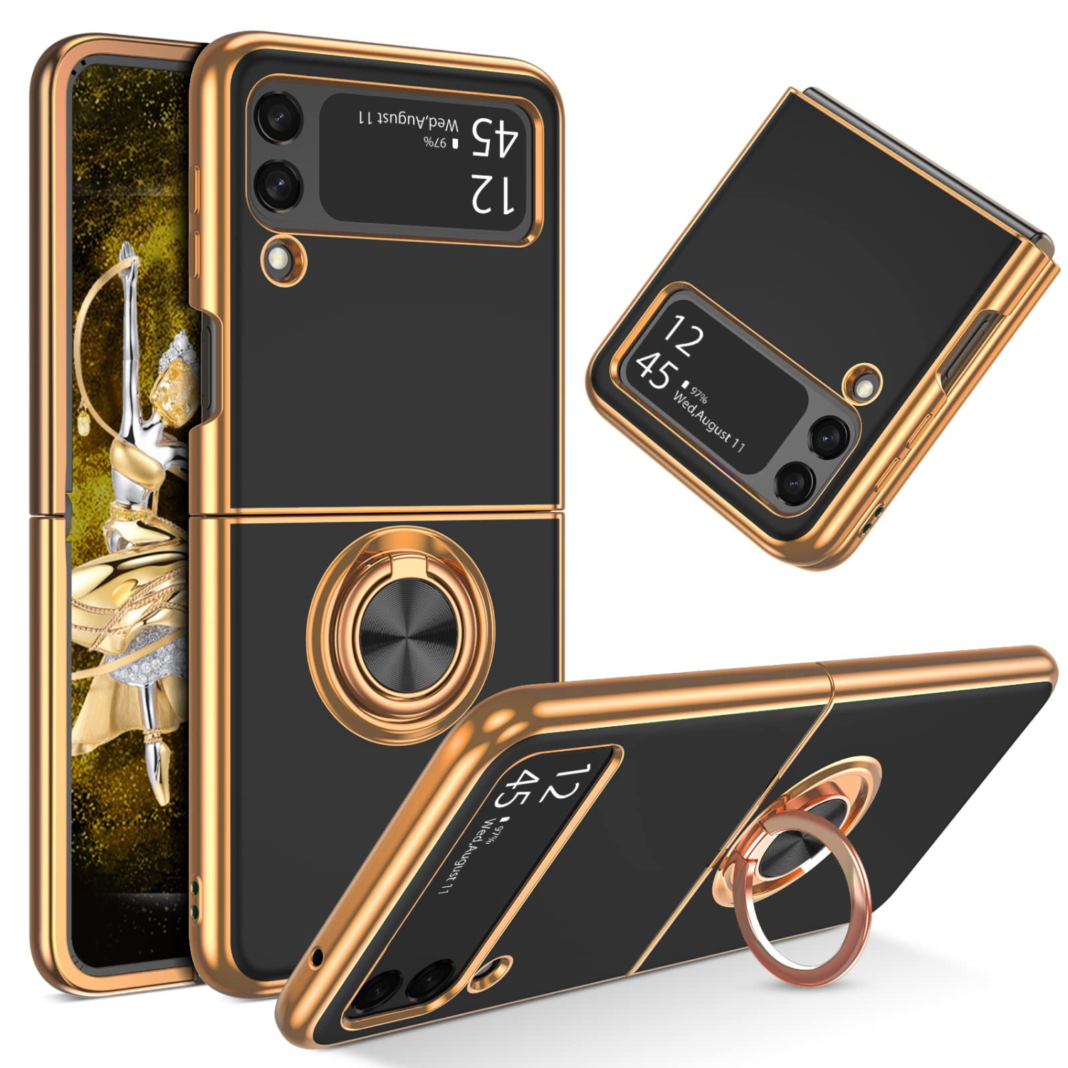 GUAGUA Case for Samsung Galaxy Z Flip 3 5G Flexible Soft TPU Plating Cover with 360 Rotating Ring Holder Kickstand Shockproo