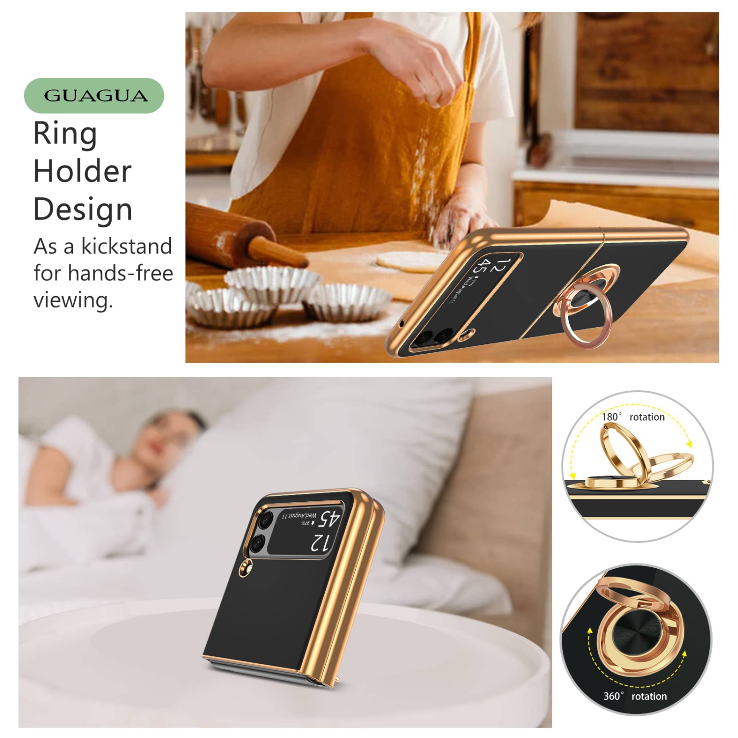 Étui GUAGUA pour Galaxy Z Flip 3 5G flexible coquille en TPUR souple avec support rotatif à 360 anneaux Shockproo