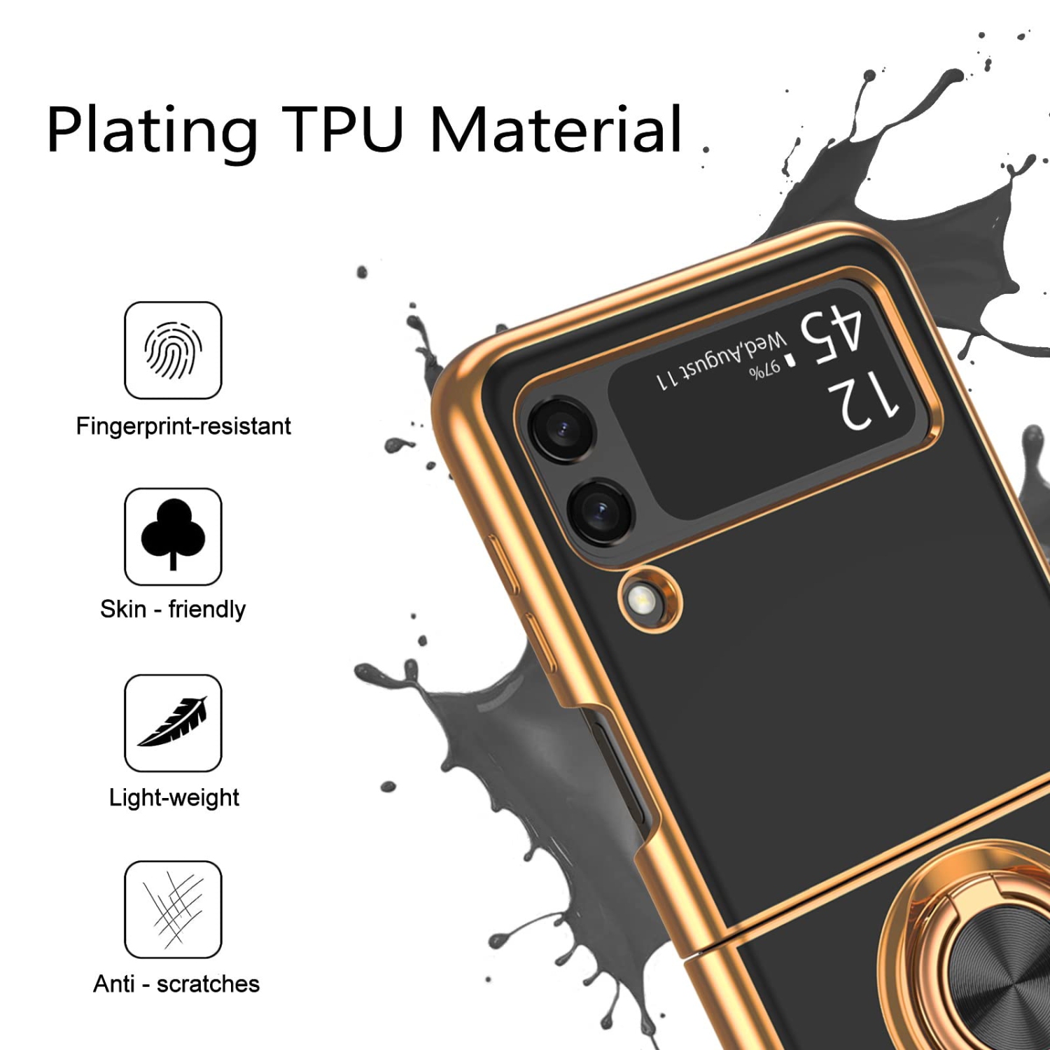 Étui GUAGUA pour Galaxy Z Flip 3 5G flexible coquille en TPUR souple avec support rotatif à 360 anneaux Shockproo