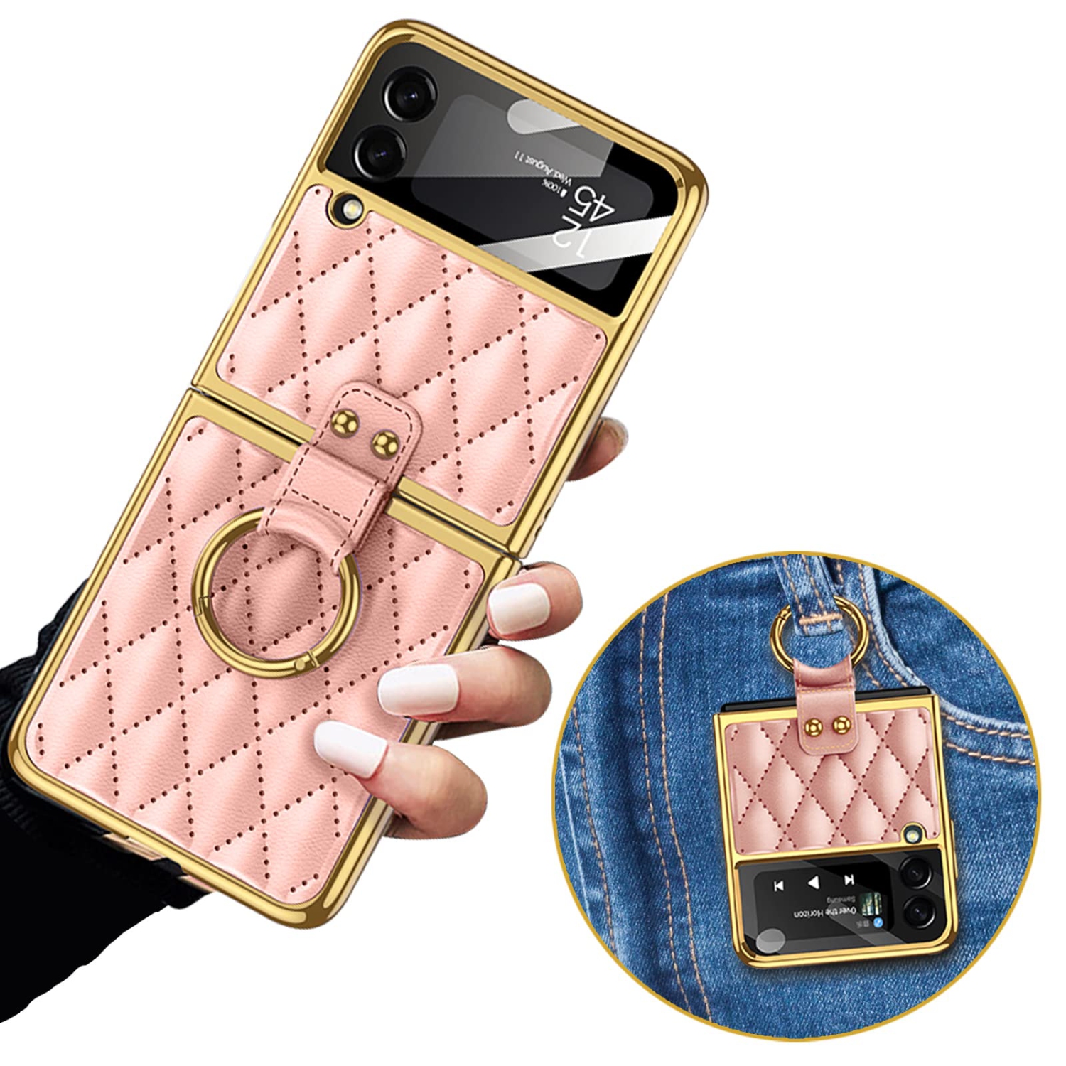 HJCMikee for Galaxy Z Flip 3 Ring Stand Case, ZFlip3 Luxurious Pu Leather Cover Case with Back Screen Protector for Samsung