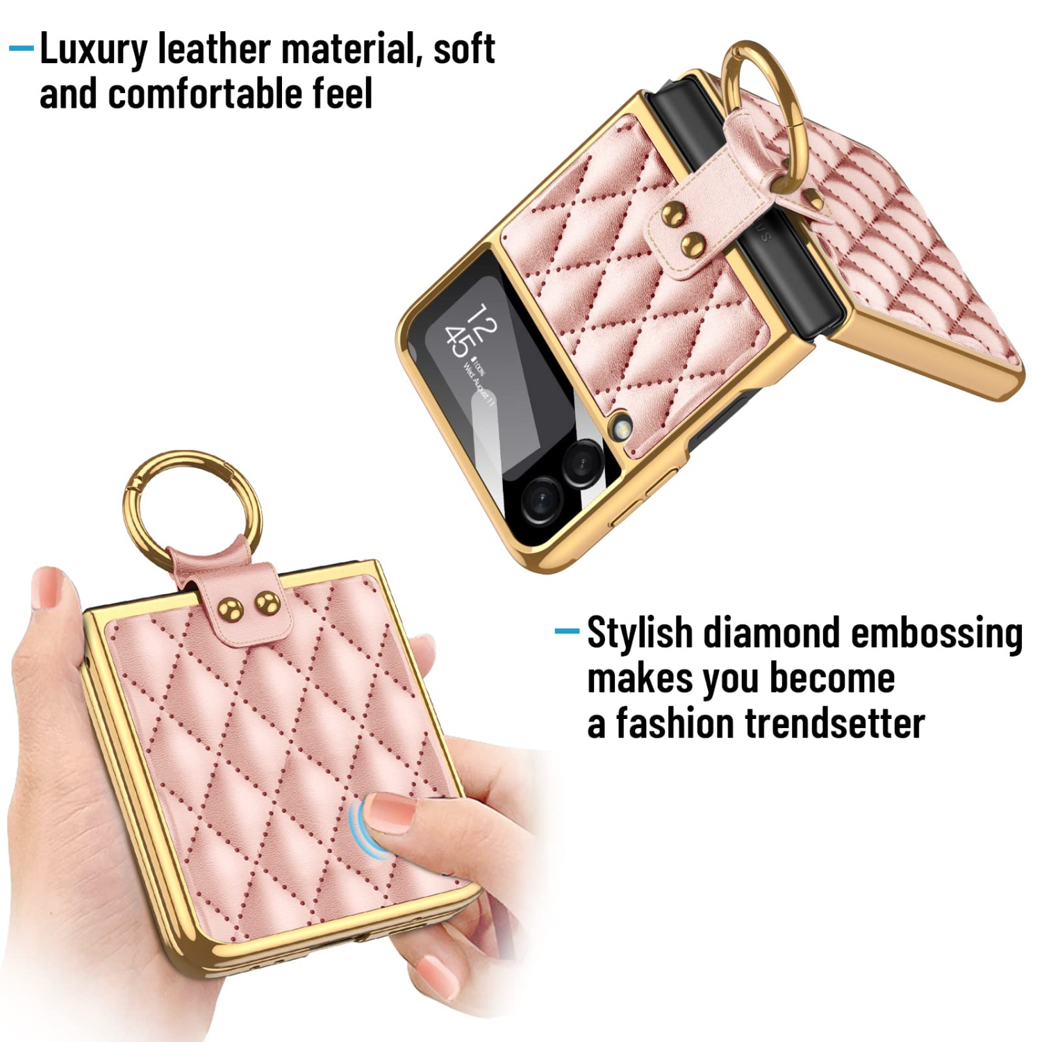 HJCMikee pour Galaxy Z Flip 3, étui luxueux en similicuir polyuréthane ZFlip3 avec protecteur d’écran arrière pour Samsung