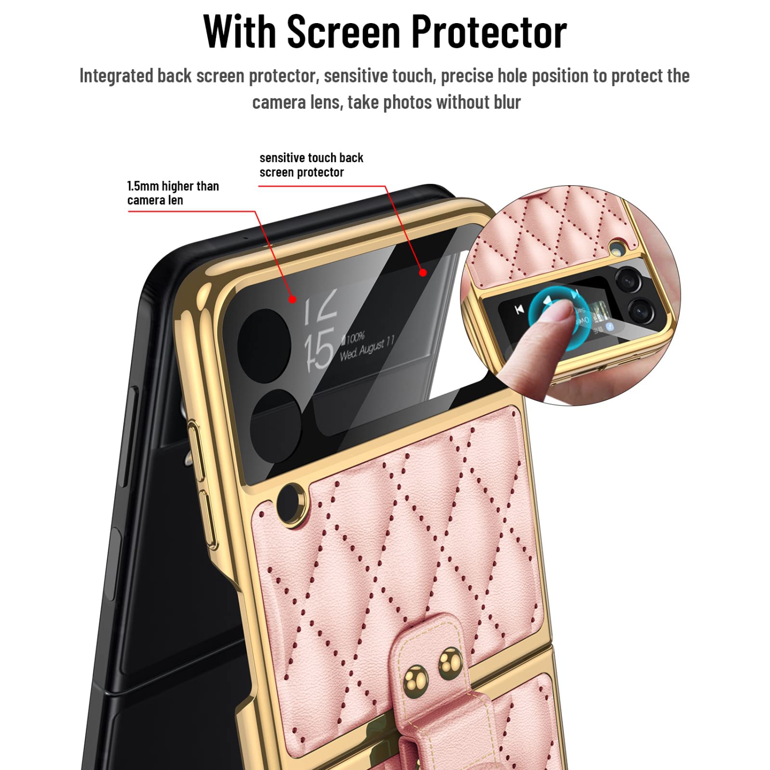 HJCMikee pour Galaxy Z Flip 3, étui luxueux en similicuir polyuréthane ZFlip3 avec protecteur d’écran arrière pour Samsung