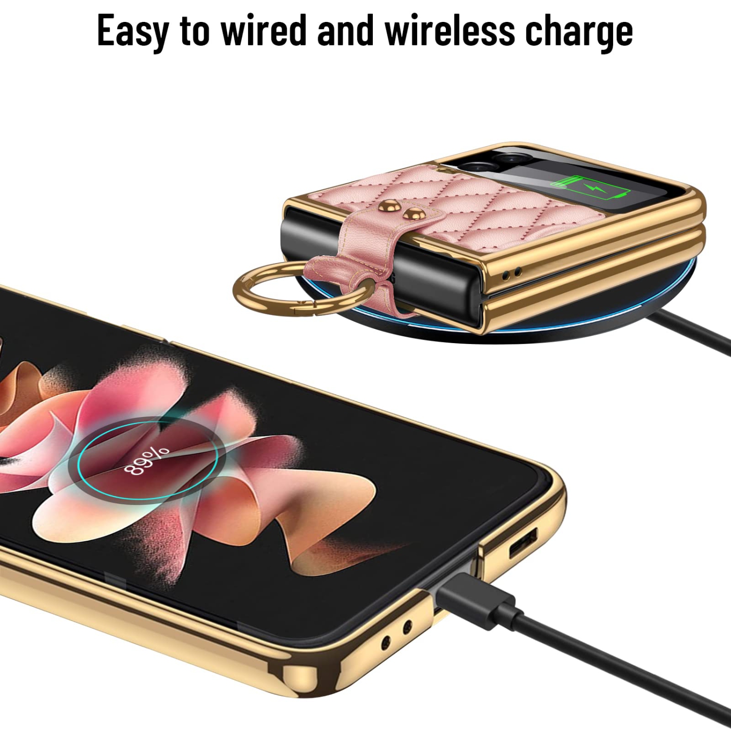 HJCMikee pour Galaxy Z Flip 3, étui luxueux en similicuir polyuréthane ZFlip3 avec protecteur d’écran arrière pour Samsung