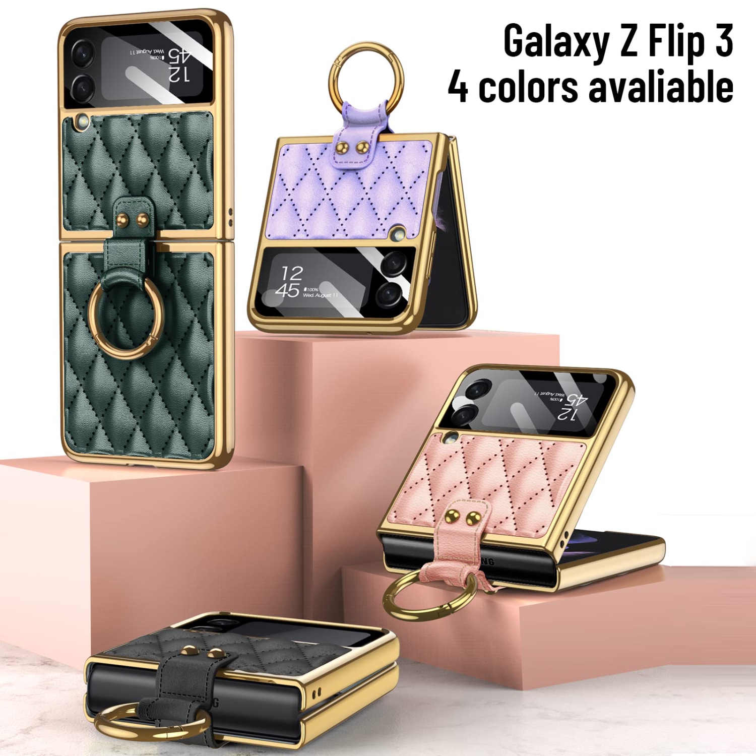 HJCMikee pour Galaxy Z Flip 3, étui luxueux en similicuir polyuréthane ZFlip3 avec protecteur d’écran arrière pour Samsung