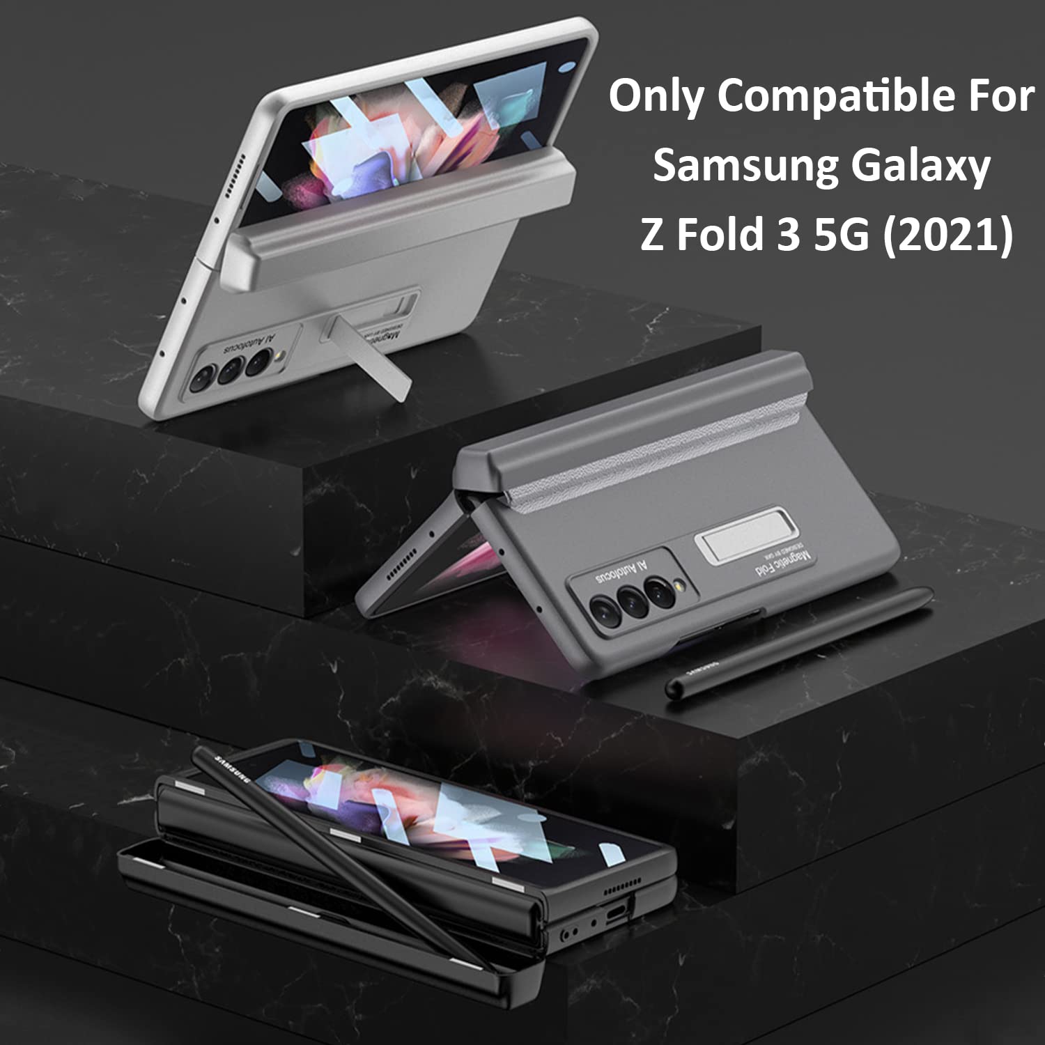 Miimall – Étui pour Samsung Z Fold 3 avec porte-stylet, étui pour Galaxy Z Fold 3 avec protecteur de charnière, protecteur d’écran intégré