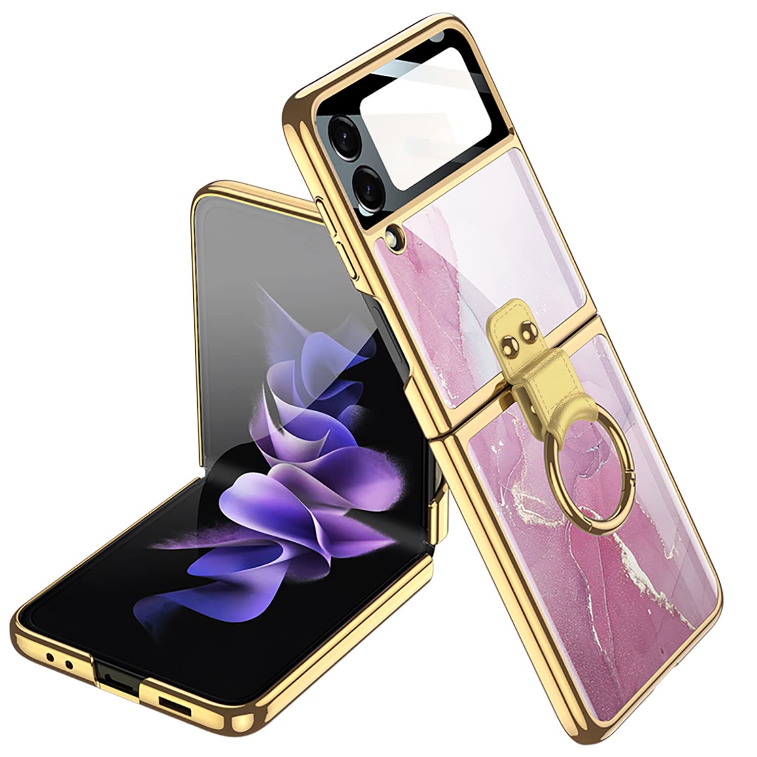 SHIEID Samsung Z Flip 3 Case, Z Flip 3 Case with Ring Phone Case, Electroplating Color Painting Tempered Glass Protective Co
