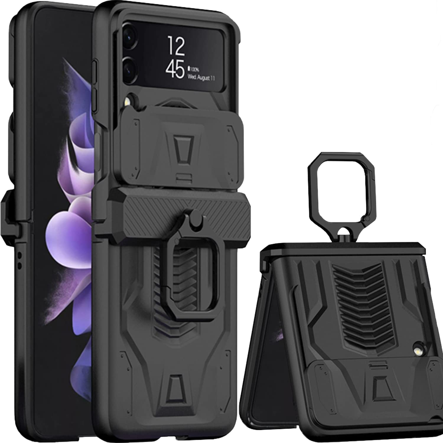 Miimall – Étui Z Flip 3 avec anneau pour Samsung, étui à rabat pour Galaxy Z 3 avec protection à charnière, couvre-objectif pour appareil photo