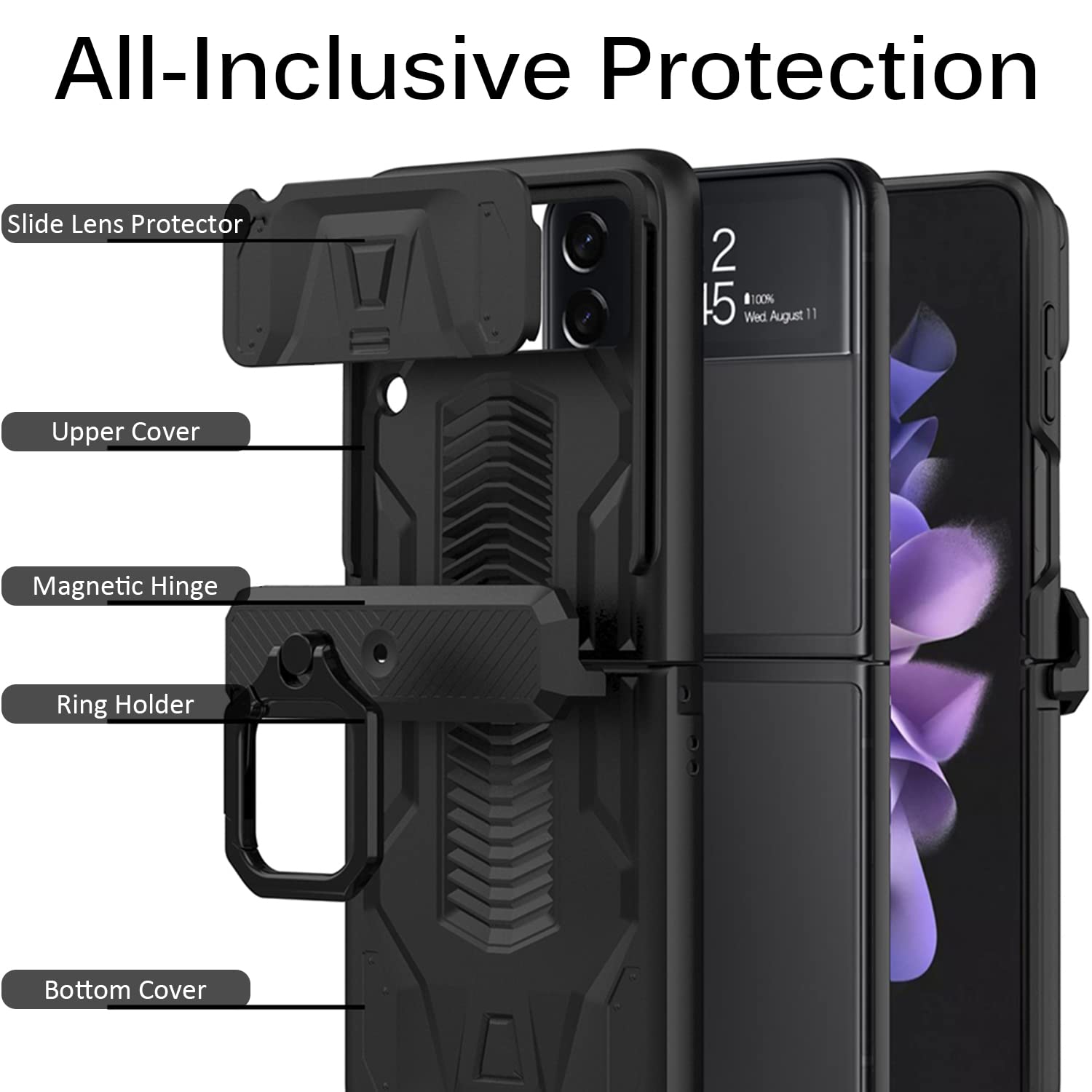 Miimall – Étui Z Flip 3 avec anneau pour Samsung, étui à rabat pour Galaxy Z 3 avec protection à charnière, couvre-objectif pour appareil photo