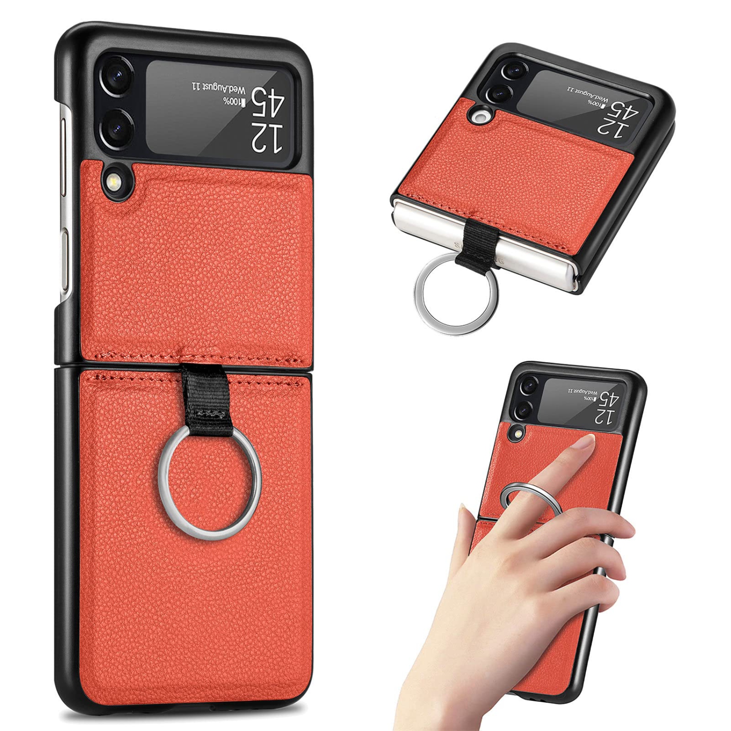 Samsung Galaxy Z Flip 3 Phone Case, PU Leather Protective Cover with Ring Strap Shockproof Lightweight Smartphone Protector