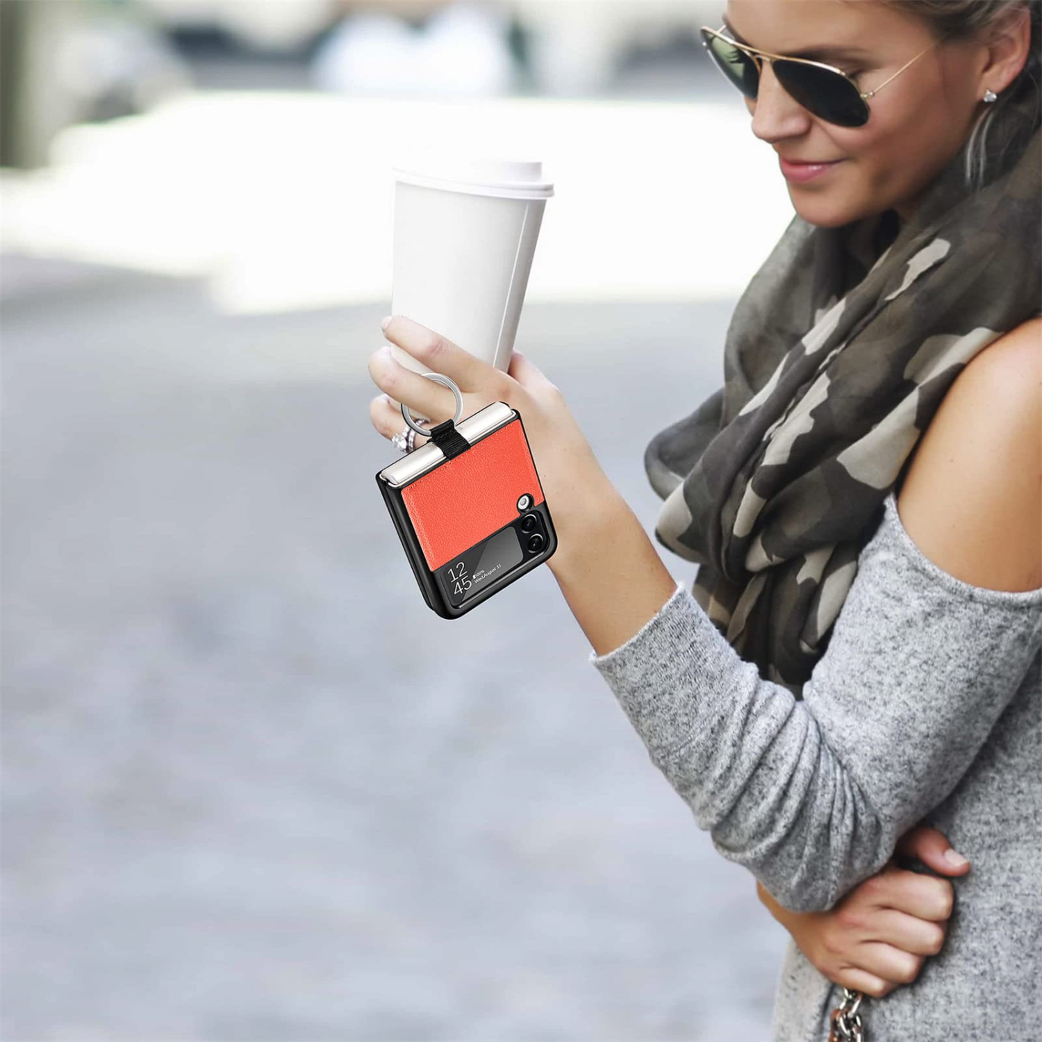 Samsung Galaxy Z Flip 3 Phone Case, PU Leather Protective Cover with Ring Strap Shockproof Lightweight Smartphone Protector