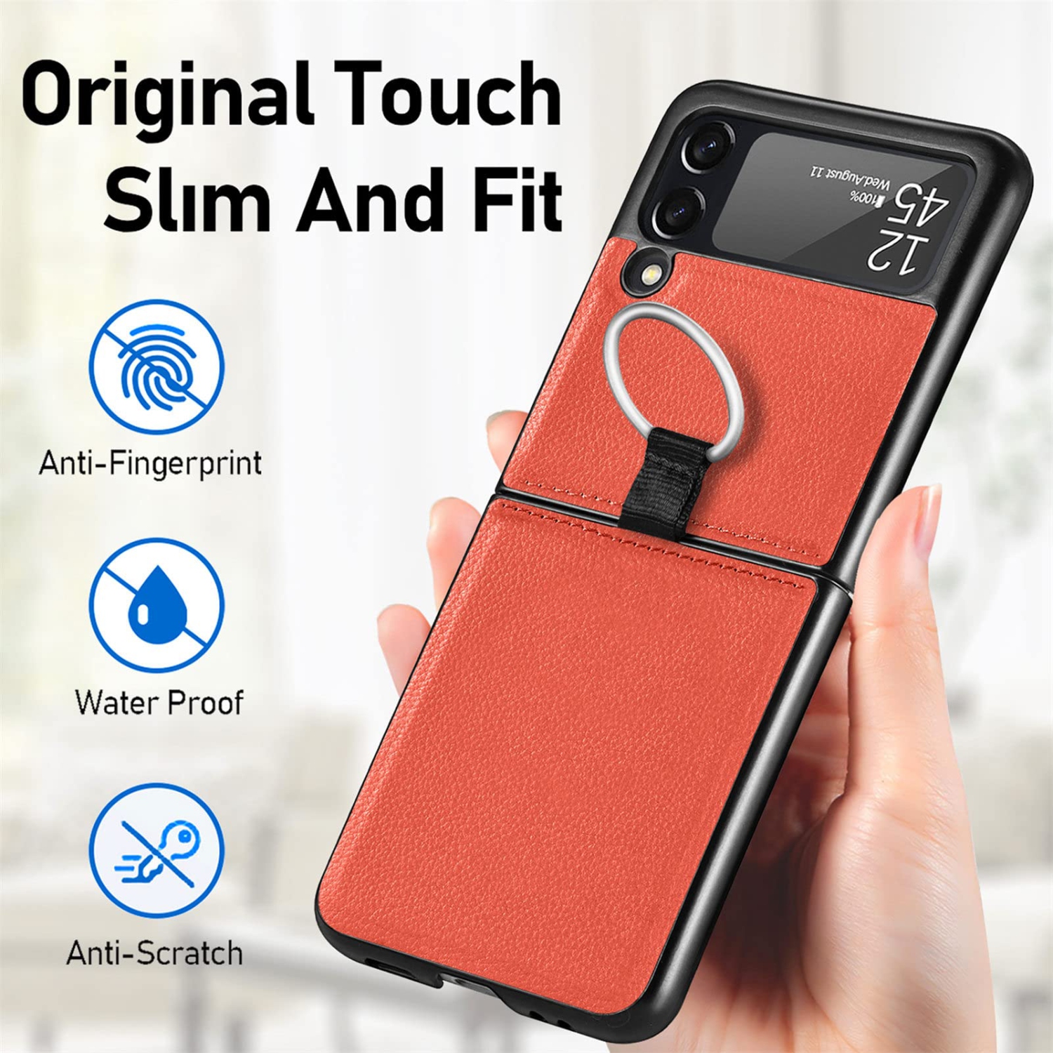 Samsung Galaxy Z Flip 3 Phone Case, PU Leather Protective Cover with Ring Strap Shockproof Lightweight Smartphone Protector