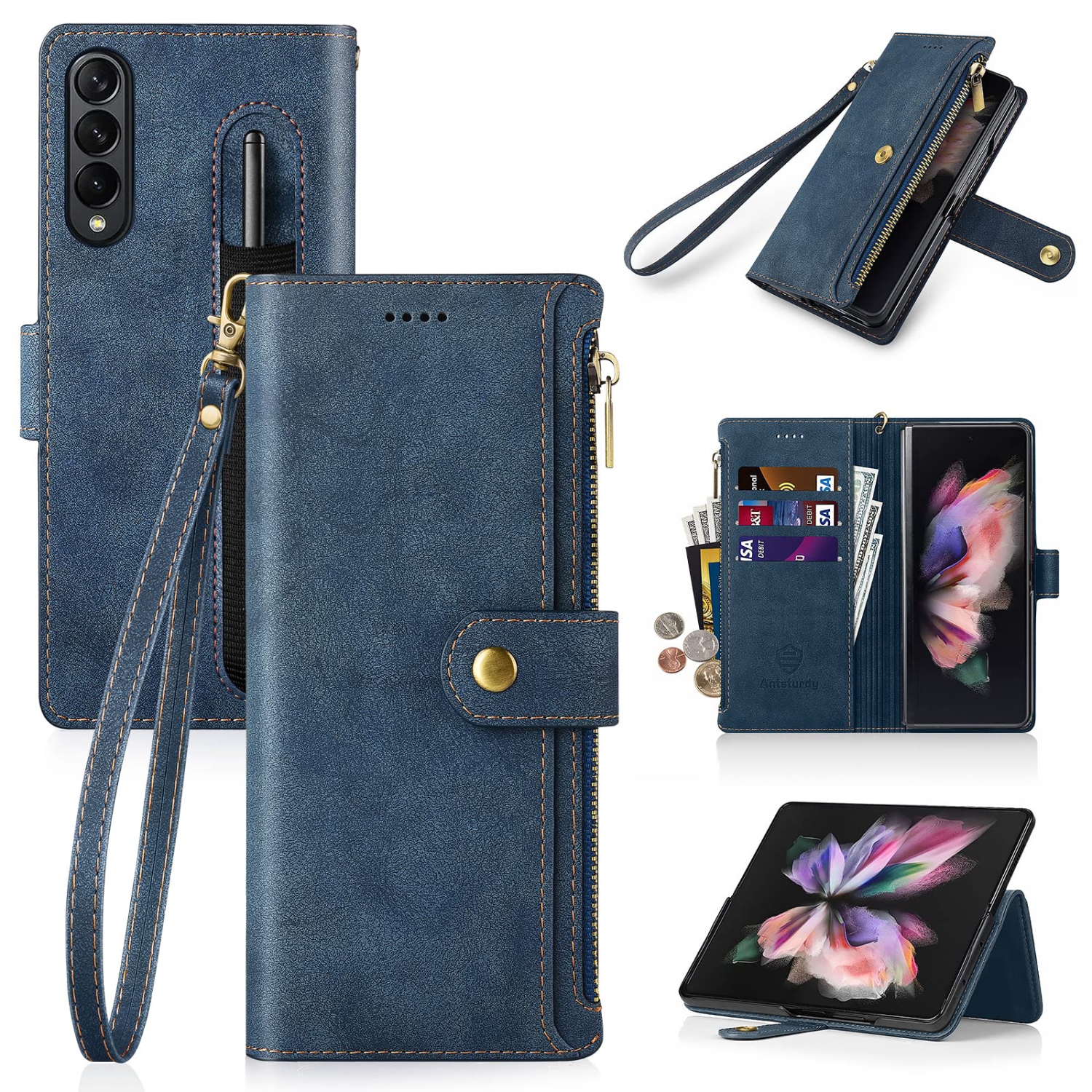Antsturdy for Samsung Galaxy Z Fold 3 5G Wallet Case with S Pen Holder,PU Leather Folio Flip Protective Cover Slot Wrist Str