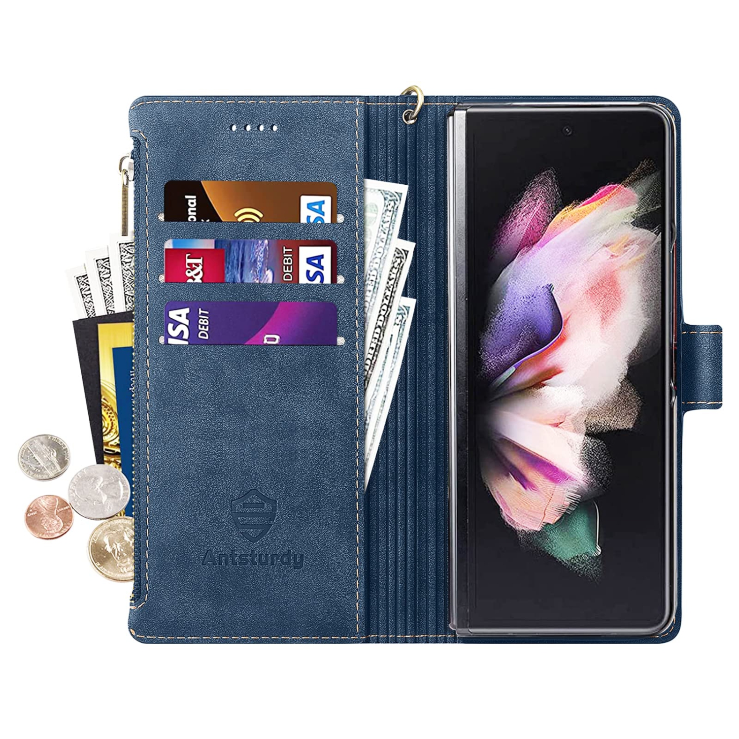 Antsturdy for Samsung Galaxy Z Fold 3 5G Wallet Case with S Pen Holder,PU Leather Folio Flip Protective Cover Slot Wrist Str