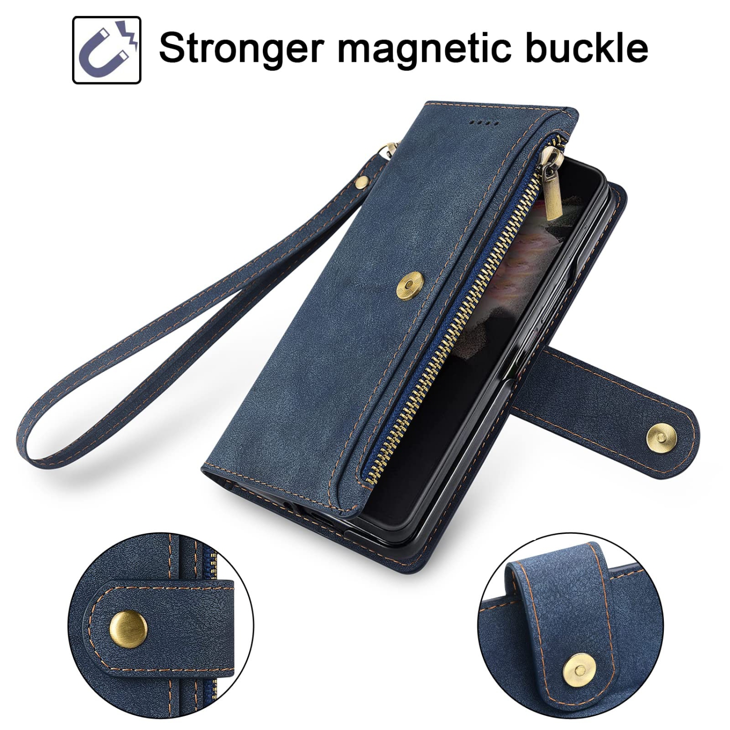 Antsturdy for Samsung Galaxy Z Fold 3 5G Wallet Case with S Pen Holder,PU Leather Folio Flip Protective Cover Slot Wrist Str