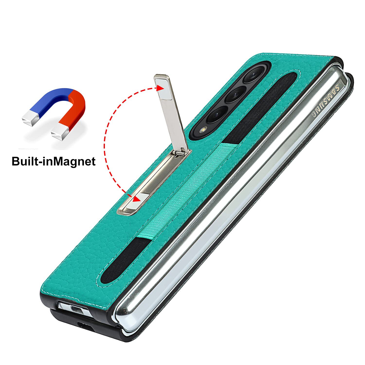 Étui NUONUN pour Galaxy Z Fold 3 5G Samsung avec support, béquille magnétique cuir véritable - Vert