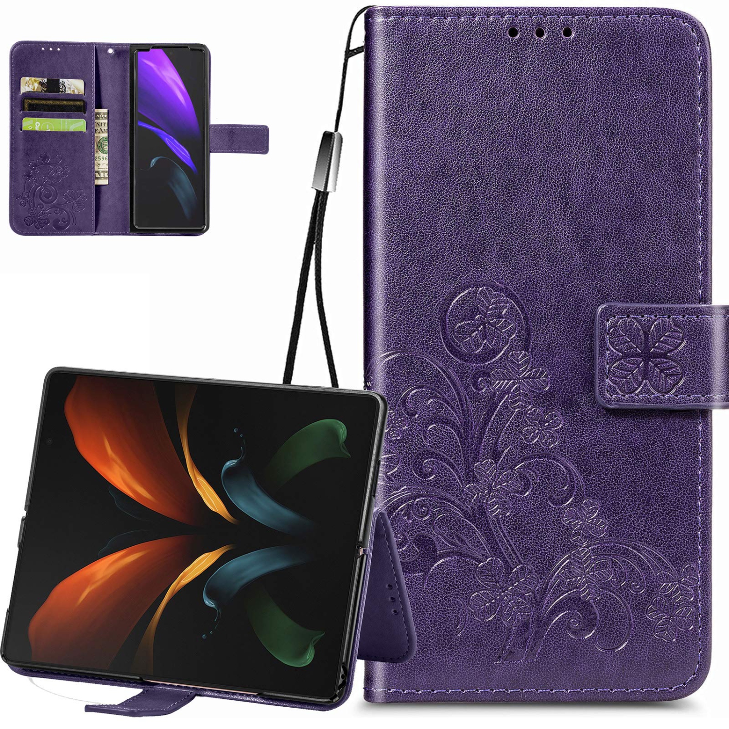 Samsung Galaxy Z Fold 2 5G Wallet Phone Case,Four-Leaf Clover Embossed PU Leather Flip Phone Case with Card Holder & Stand M