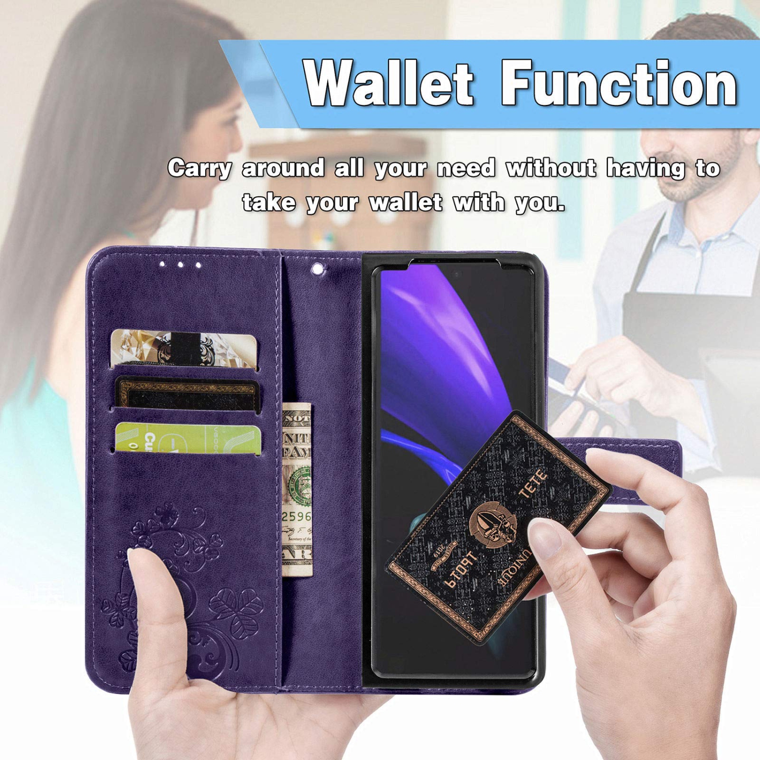 Samsung Galaxy Z Fold 2 5G Wallet Phone Case,Four-Leaf Clover Embossed PU Leather Flip Phone Case with Card Holder & Stand M