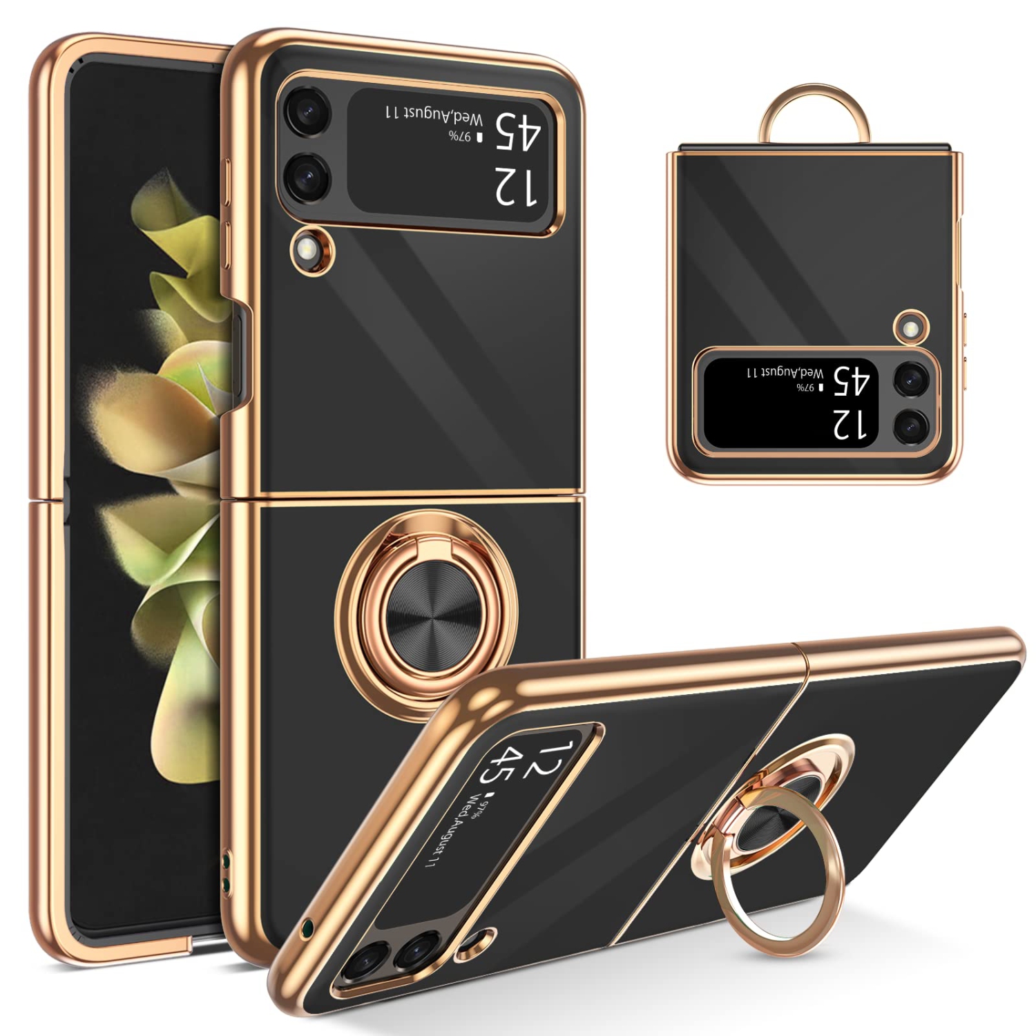 BENTOBEN Z Flip 3 Case, Samsung Z Flip 3 Case, Ring Holder Plating Rotation Kickstand Soft Silicone TPU Bumper Women Slim Cu