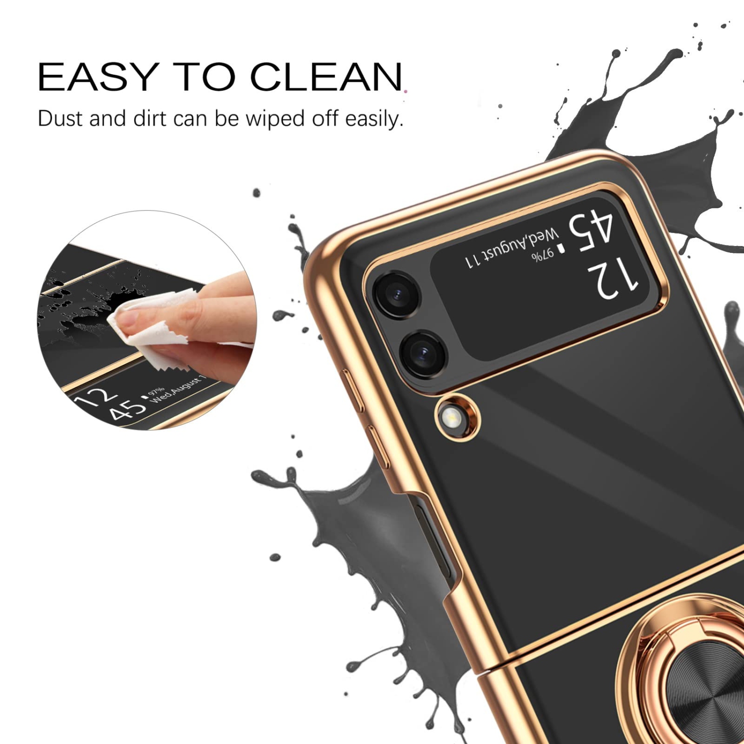 BENTOBEN Z Flip 3 Case, Samsung Z Flip 3 Case, Ring Holder Plating Rotation Kickstand Soft Silicone TPU Bumper Women Slim Cu