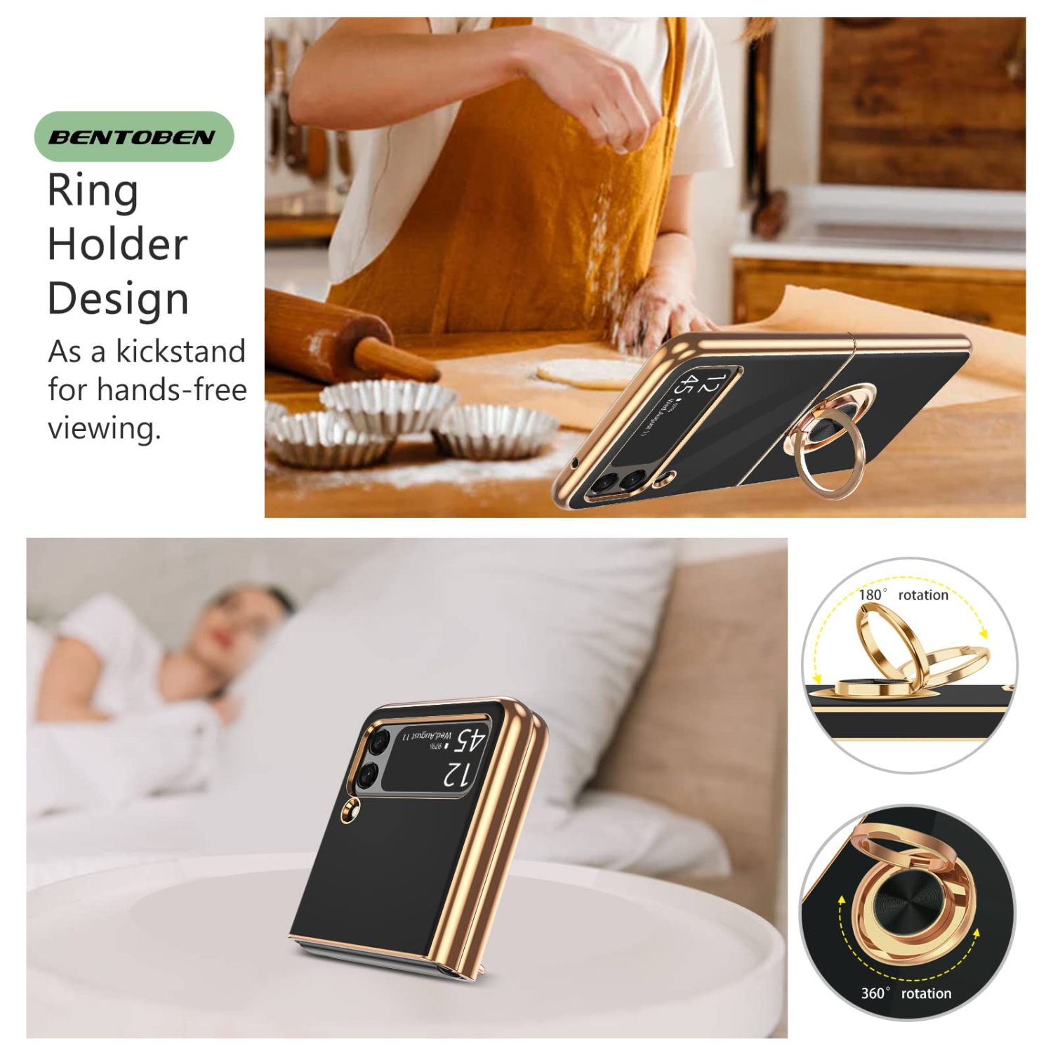 BENTOBEN Z Flip 3 Case, Samsung Z Flip 3 Case, Ring Holder Plating Rotation Kickstand Soft Silicone TPU Bumper Women Slim Cu