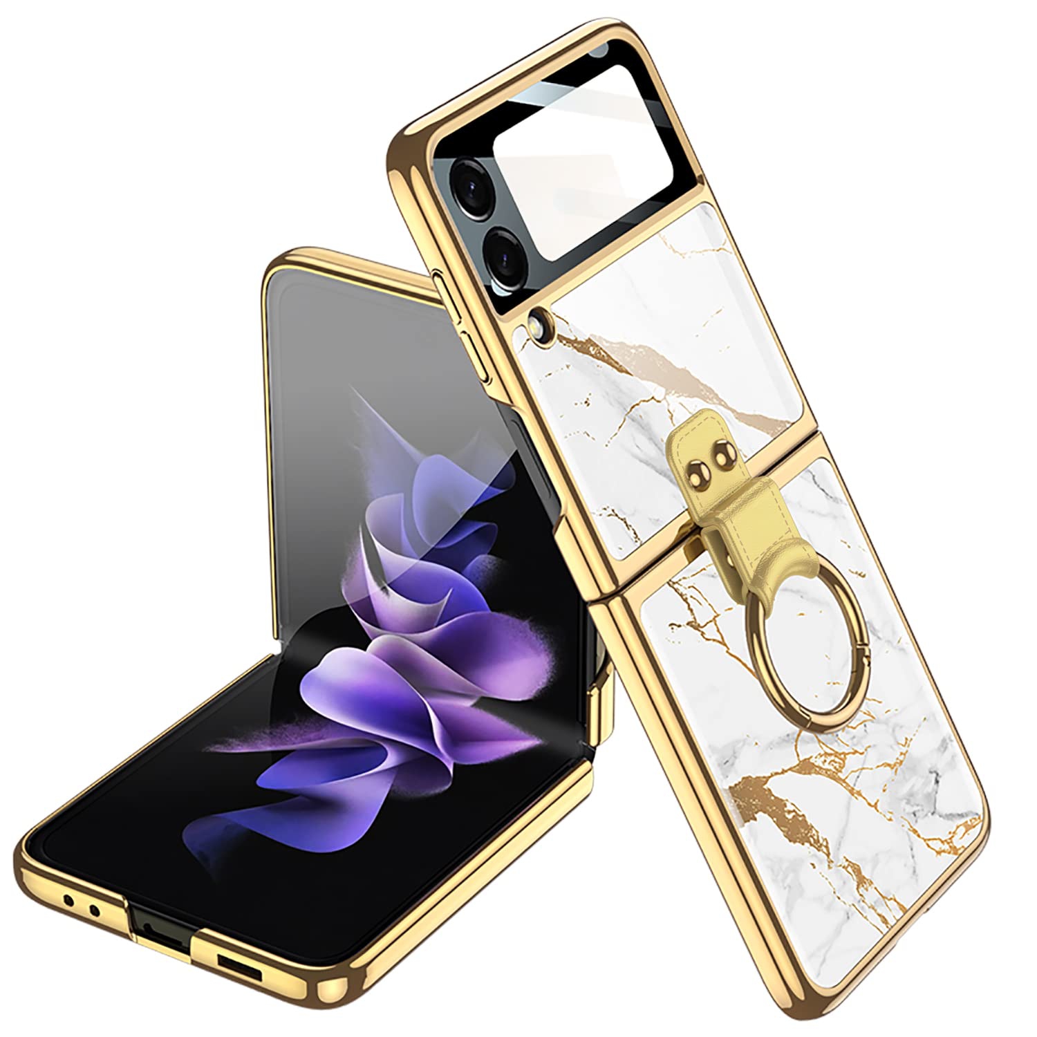 SHIEID Samsung Z Flip 3 Case, Z Flip 3 Case with Ring Phone Case, Electroplating Color Painting Tempered Glass Protective Co