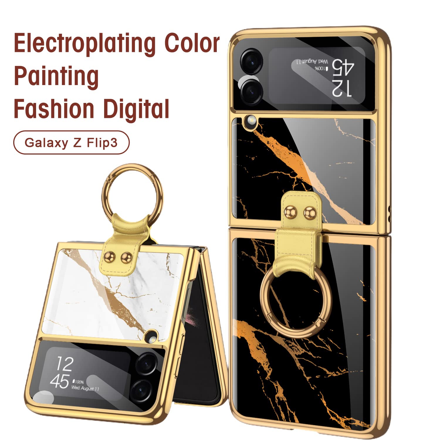 SHIEID Samsung Z Flip 3 Case, Z Flip 3 Case with Ring Phone Case, Electroplating Color Painting Tempered Glass Protective Co
